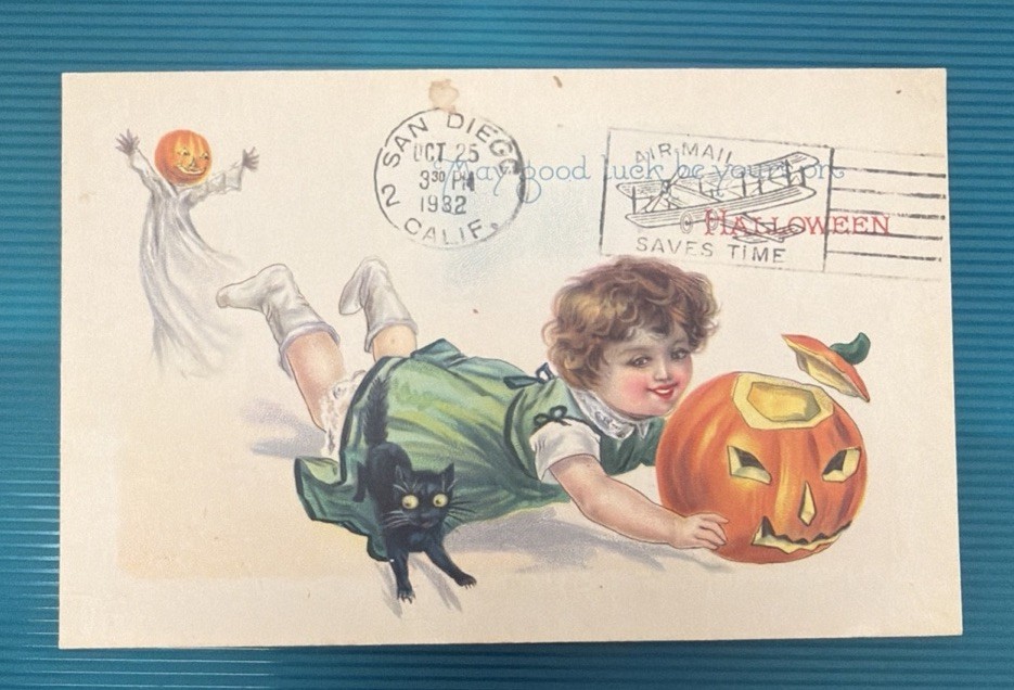1913 Stecher Halloween Postcard Girl Jack-o’-Lantern Black Cat Series 339B