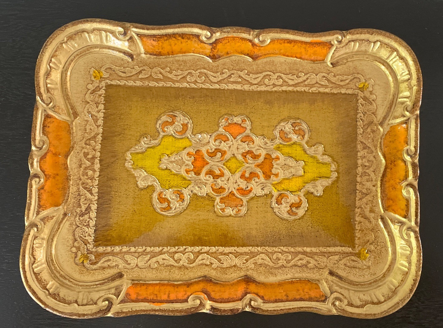 Vintage Italian Florentine Tray Gold Orange Scallop Vanity Italy 11x8
