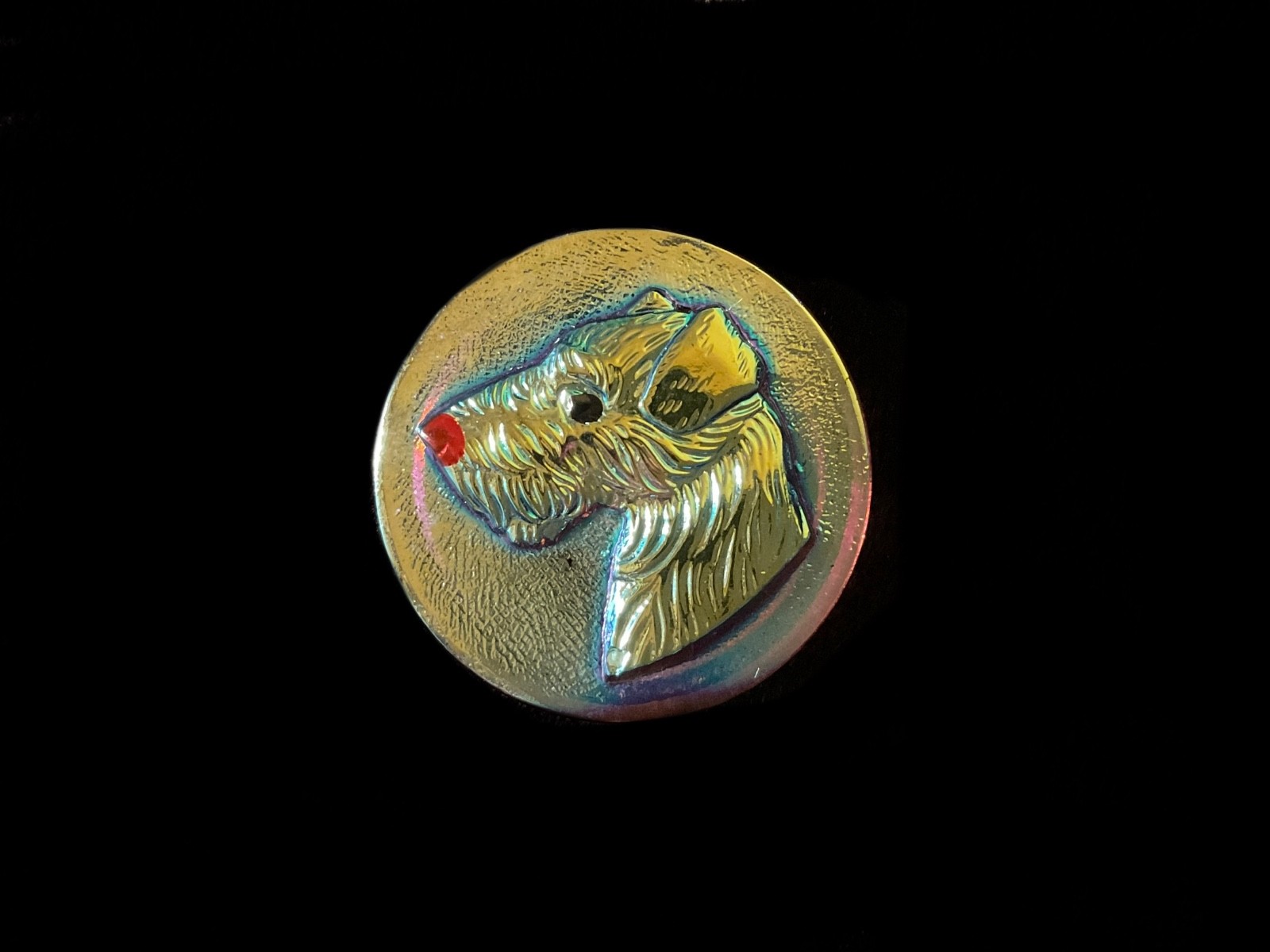 29mm Czech Glass Fox Terrier Button Purple  With Gold AB Finish Metal Shank