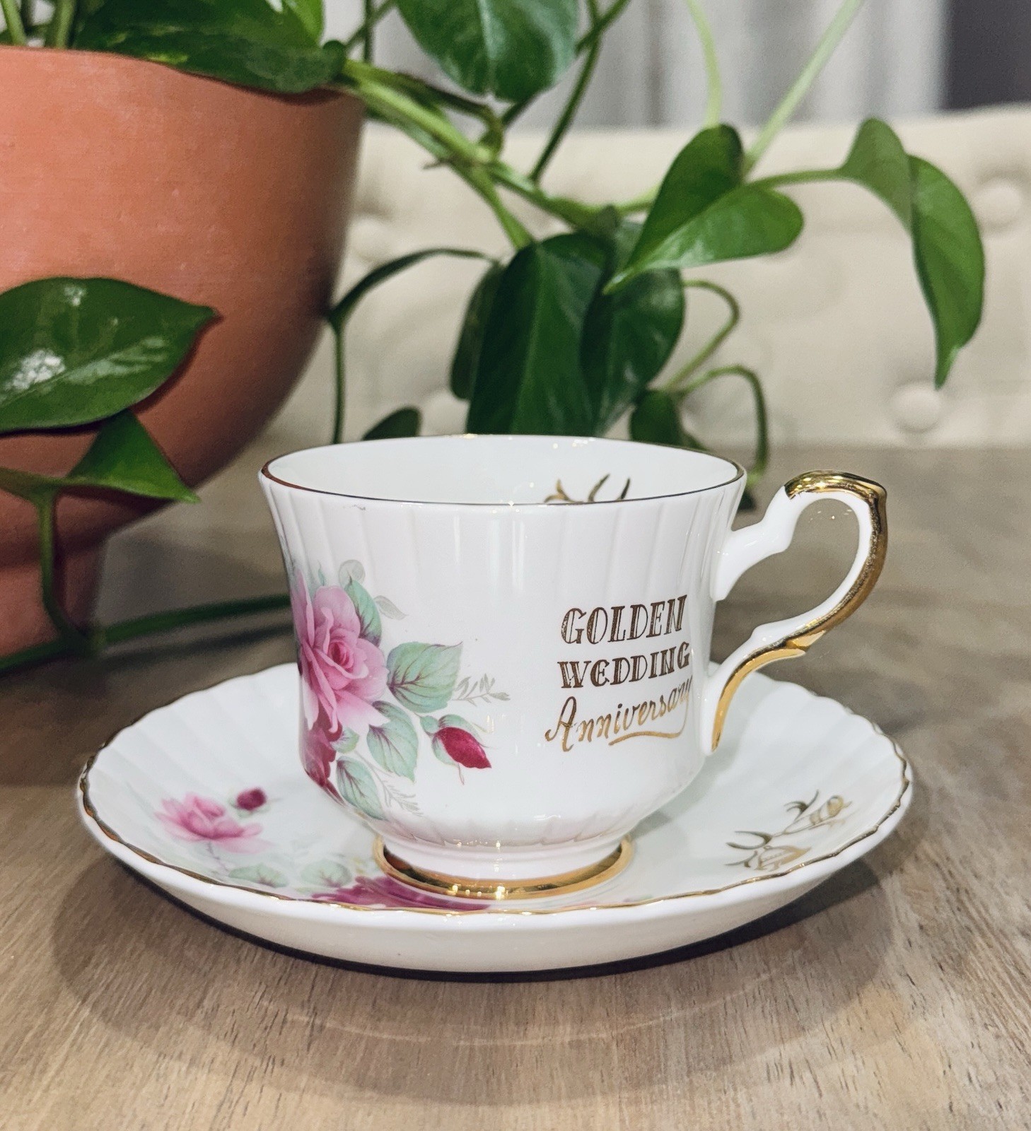 Royal Stafford Golden Wedding Anniversary Floral Porcelain Teacup & Saucer Set