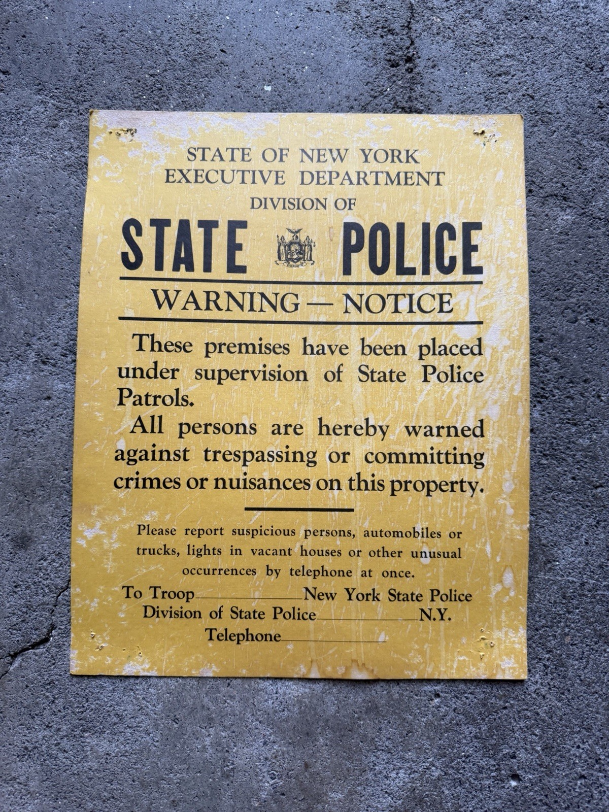 Antique Vintage New York State POLICE Warning Notice Sign Plaque NYPD N Y P D