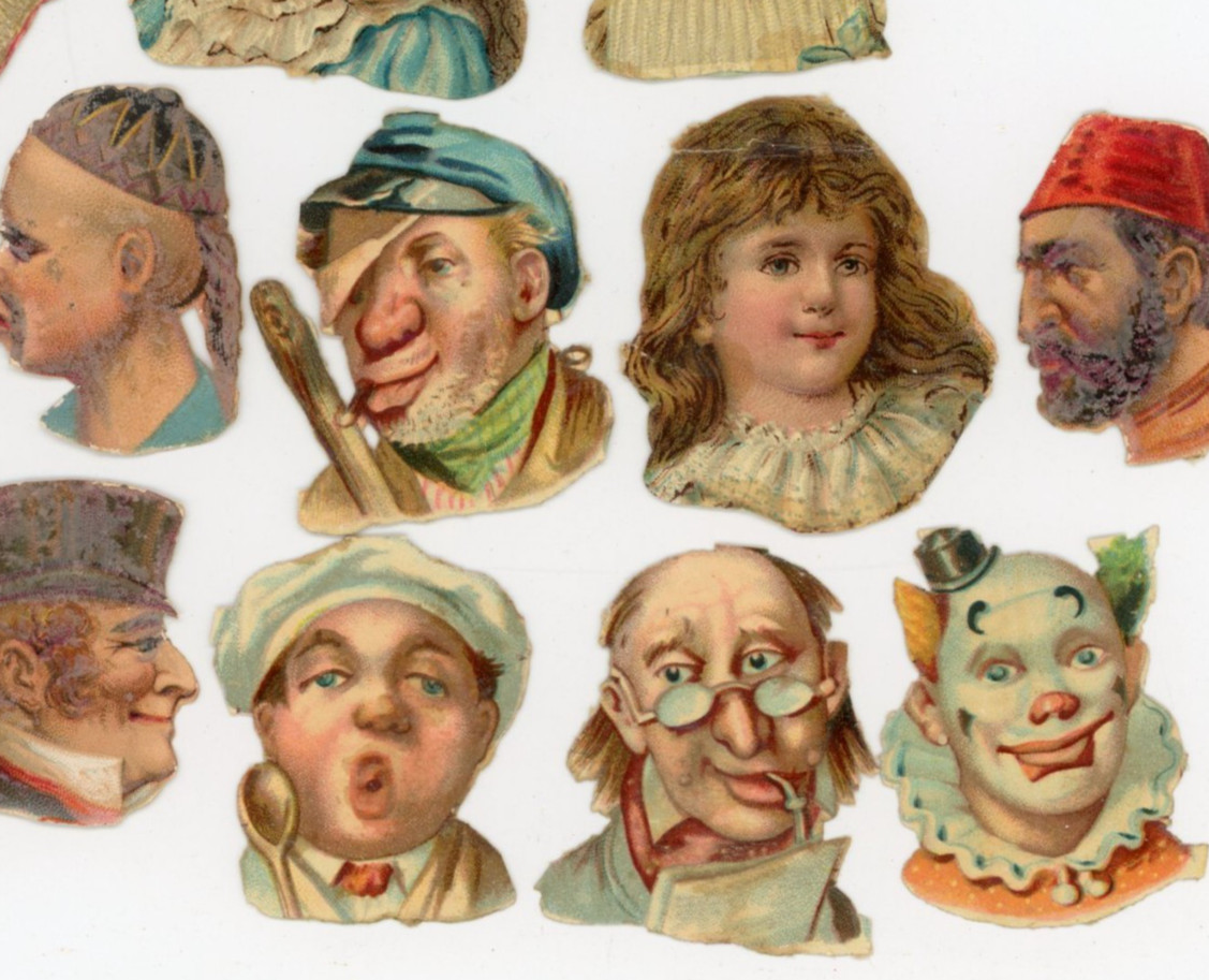 1870s-80s Die-Cut Miniatures Victorian Scrap Lot Funny Heads Fab H63