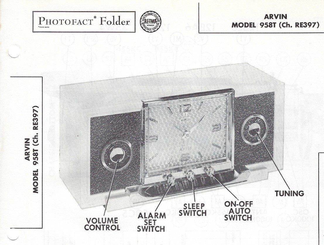 1956 Arvin 958T Tube Clock AM Radio Receiver Photofact Manual Schematic 958-T