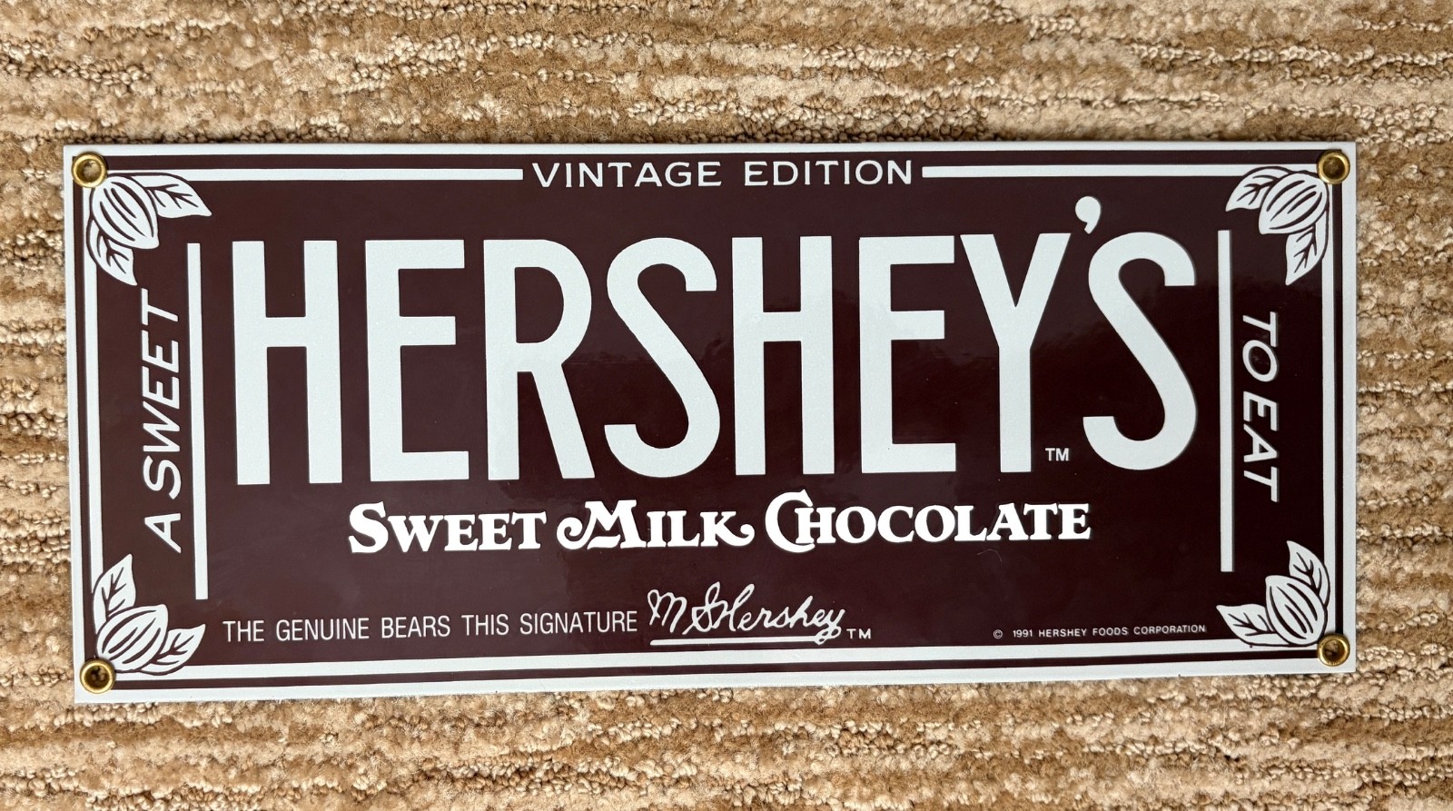 Vintage 1991 Ande Rooney Hershey’s Sweet Milk Chocolate Porcelain Enamel Sign