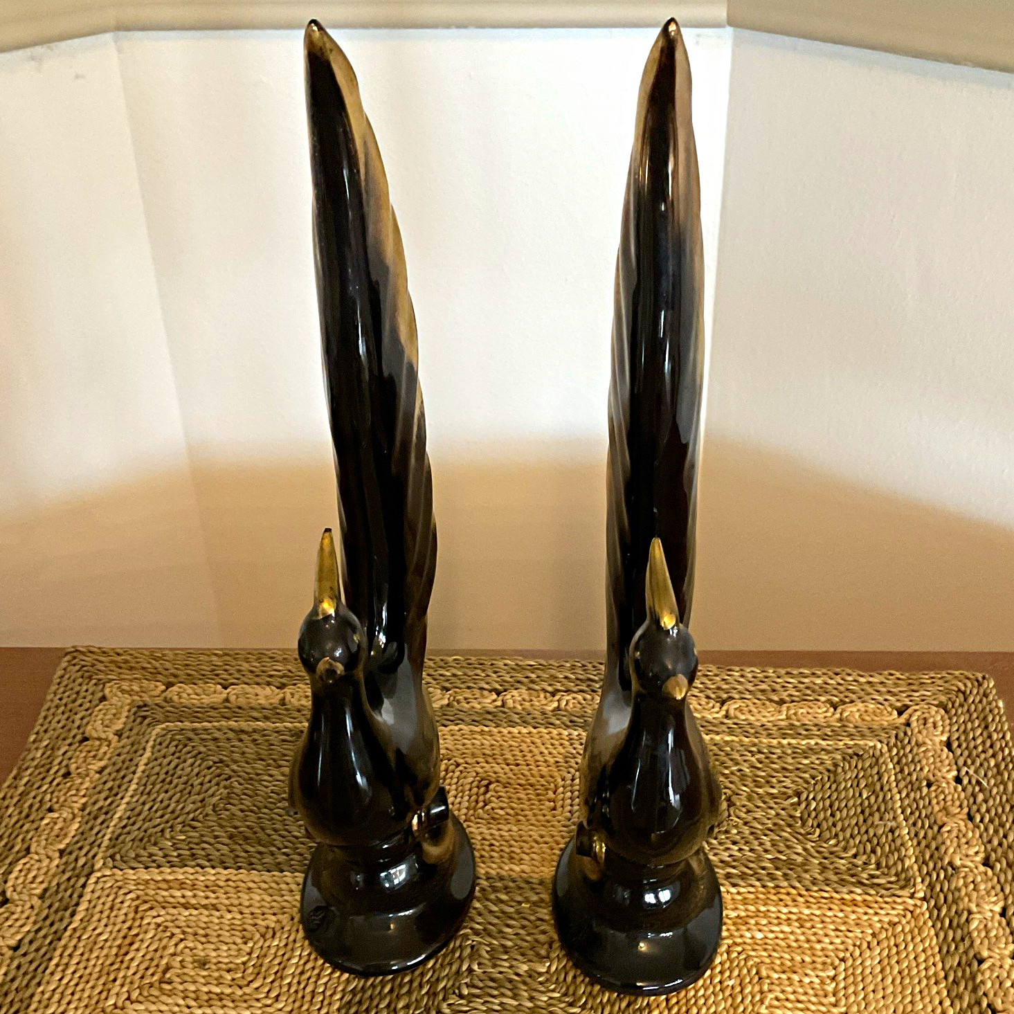 MCM Black & Gold Ceramic Bird Figurines Pair, Glossy Finish, 12 in Tall HTF