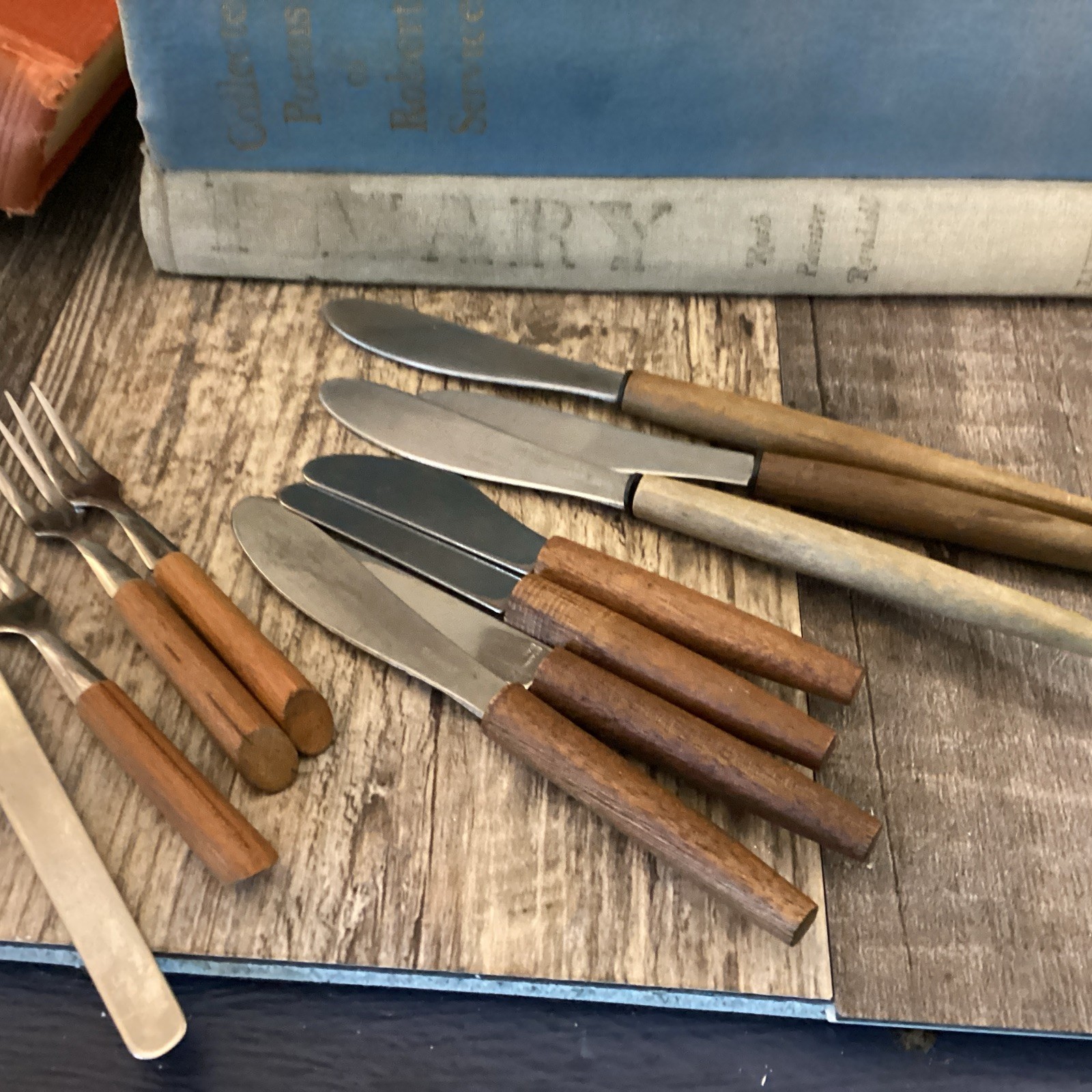 Knife Fork LOT Vintage Stainless Wood Handle Mid Century Modern Japan Appetizers