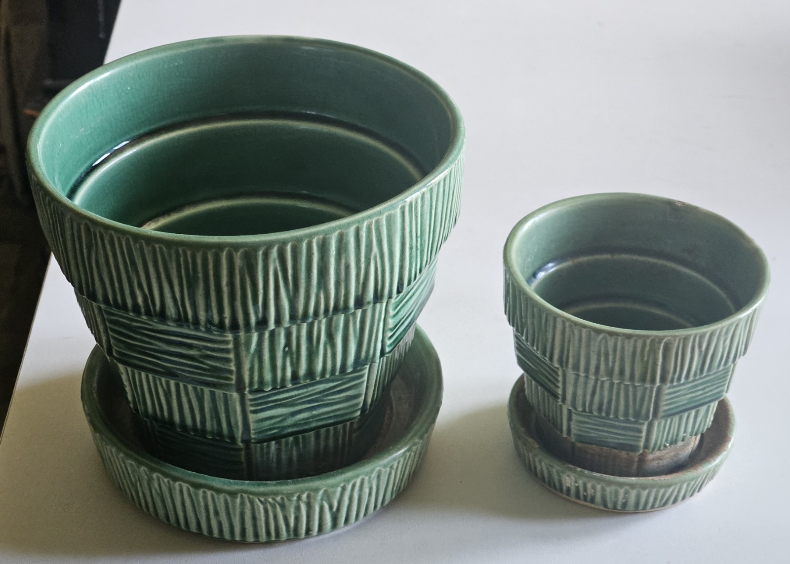 2 Matching McCoy Pottery Basketweave Tier Planters Green Vintage