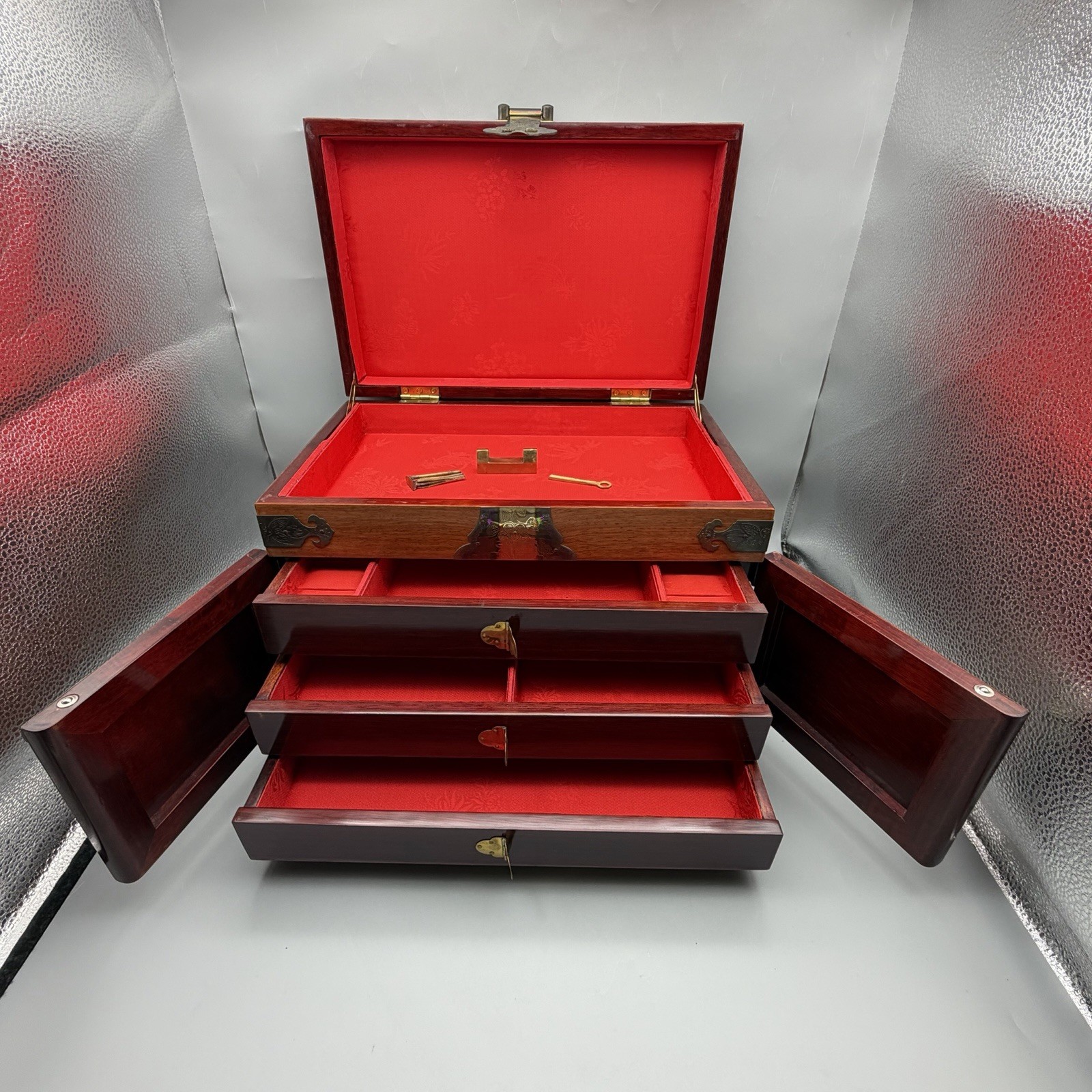 Vintage Chinese Rosewood Jewelry Box Red Silk Lined 4-Tier Chest w/ Lock & Key