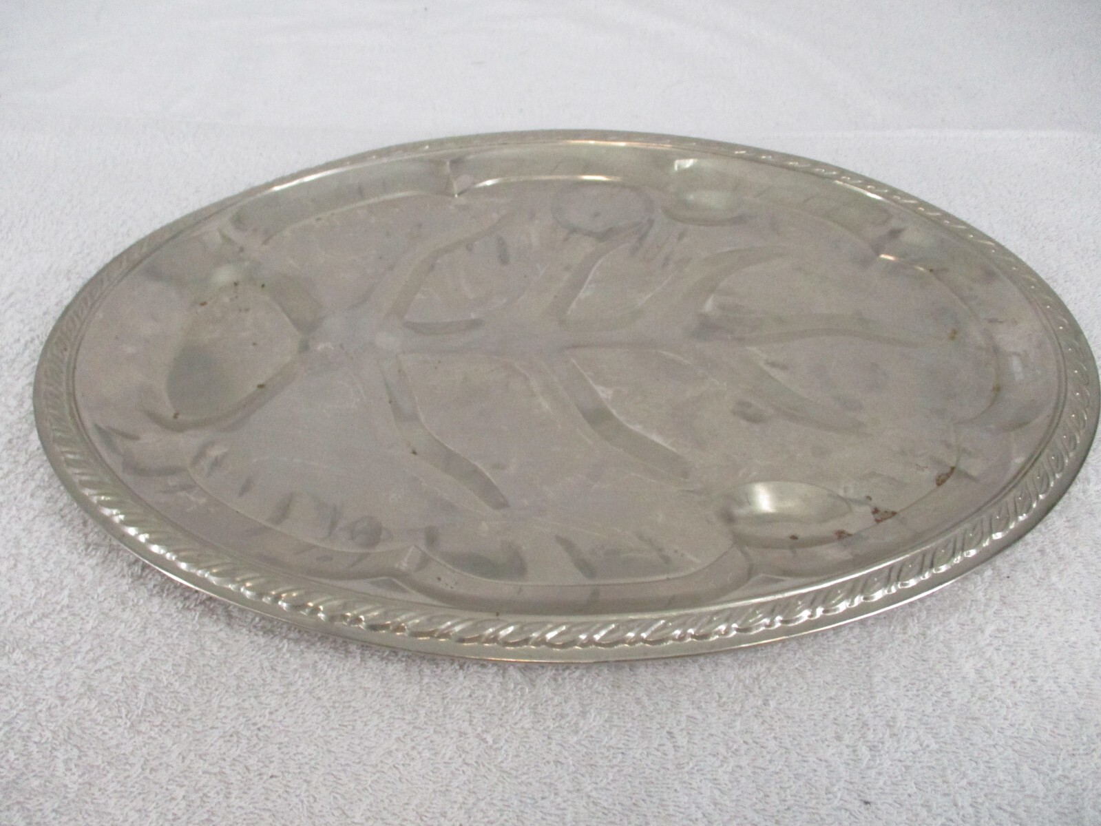 Serving Tray Ornate Floral Engraved Silver toned Metal Oval Vintage