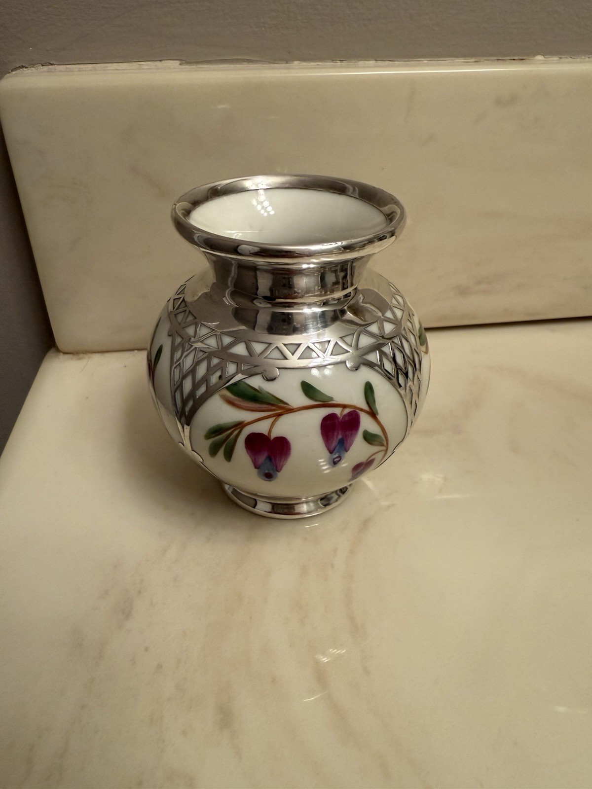 Vintage Hertel-Jacob Hand Painted Porcelain Vase Deusch Silver Overlay Small