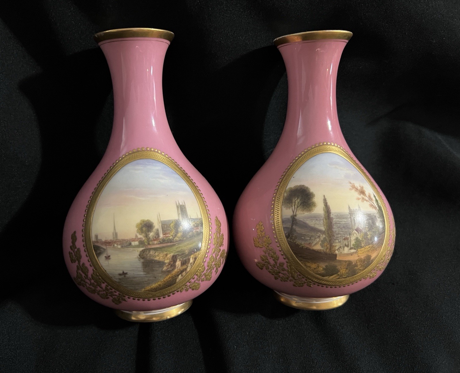 ANTIQUE K & B WORCESTER PAIR HAND PAINTED PORCELAIN VASES 1854-1862 PINK GOLD.