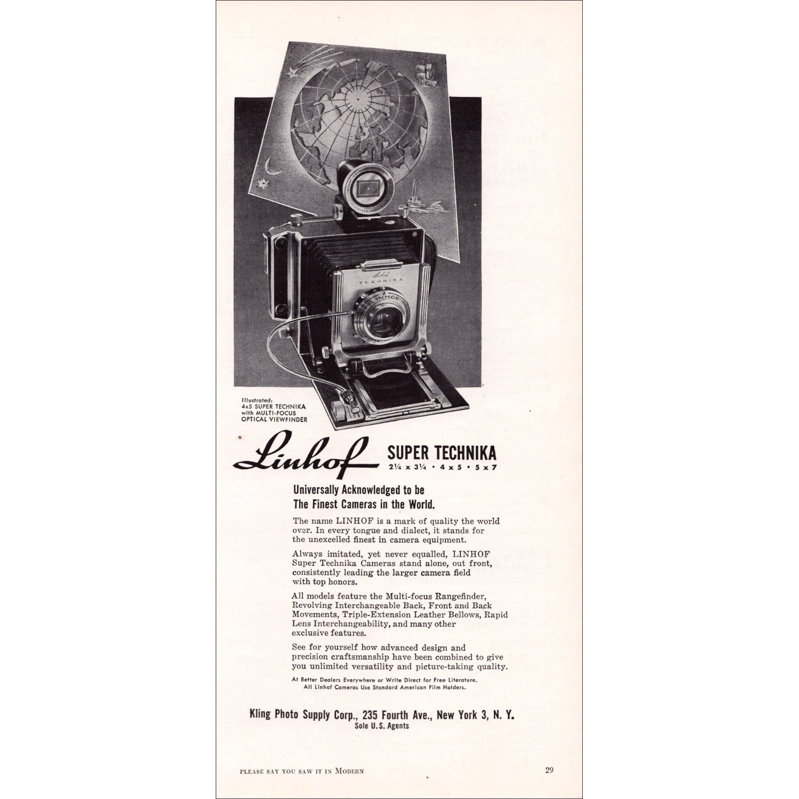 1952 Linhof Super Technika Cameras Original Vintage Print Ad