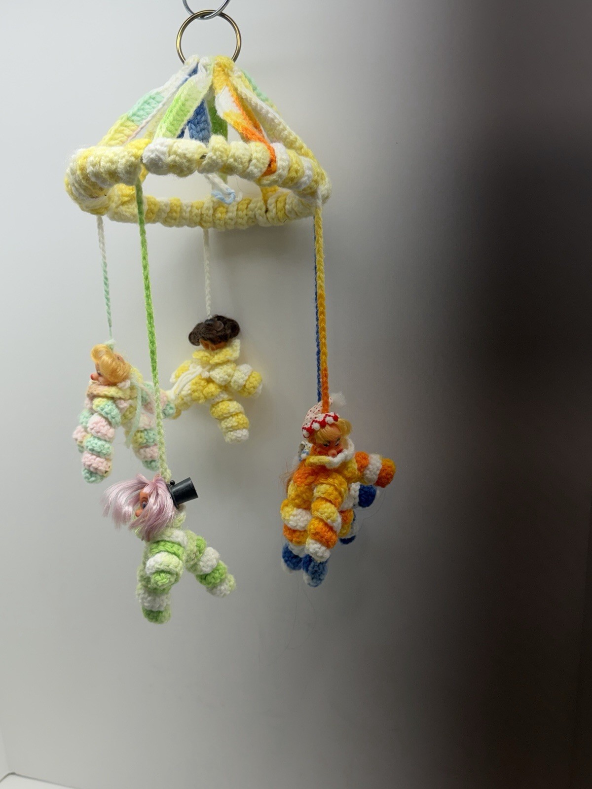 Vintage Crocheted Clowns Mobile Circus Five Clowns & Bells 1970s Retro Handmade