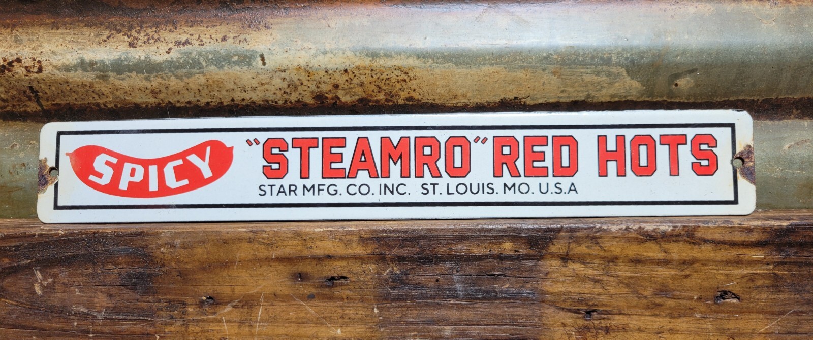 VINTAGE STEAMRO PORCELAIN SIGN RED HOTS SAUSAGE SNACK FOOD SPICY MEAT HOTDOG 17