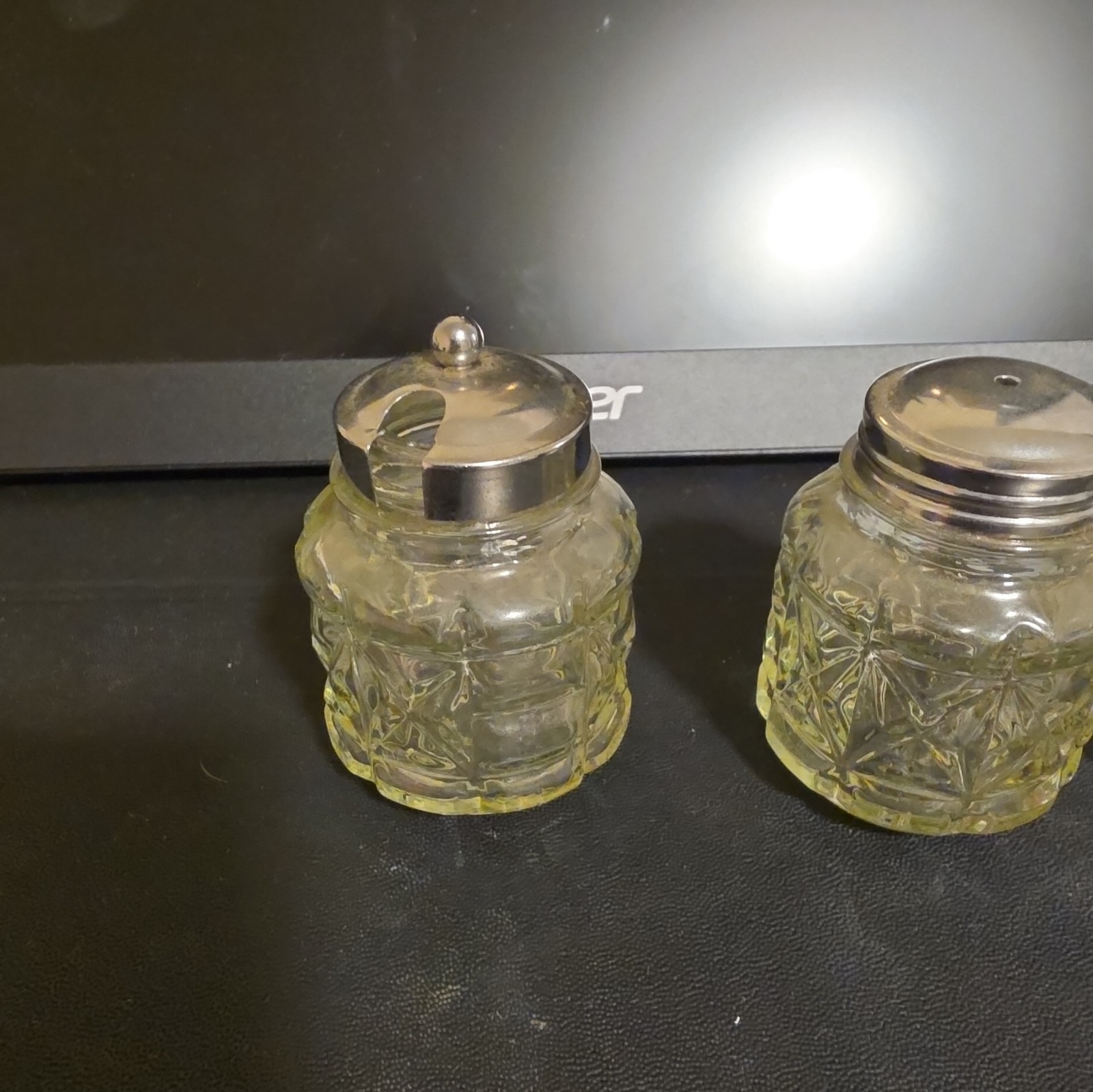 Vintage Clear Glass Salt And Pepper Shakers 2 1/4” Mustard Jar 2 1/2”