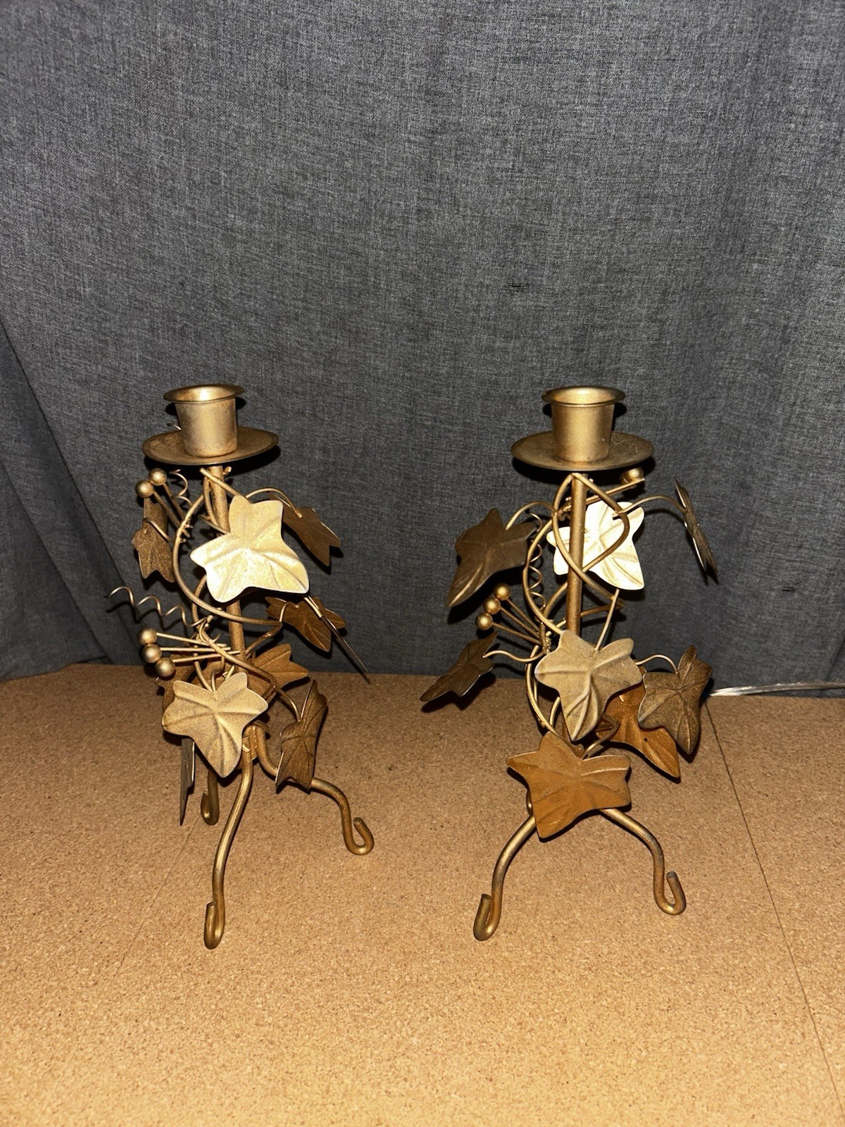 Vintage Set (2) Gold-Tone Metal Ivy Leaf Vine 3-Footed Candle Holders 10\