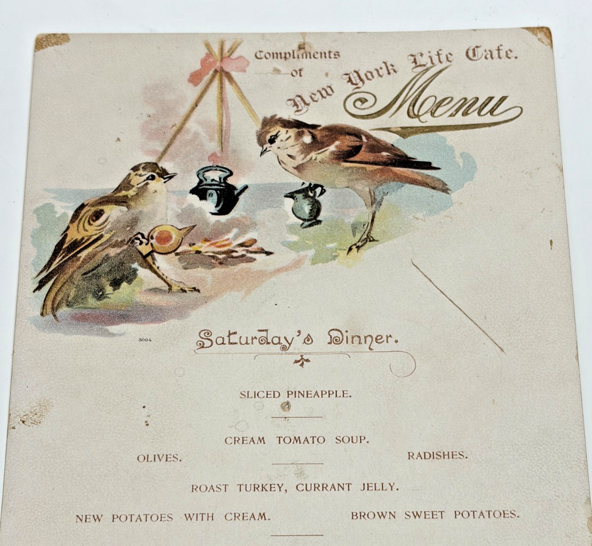 c1880-90s Antique Dinner Menu New York Life Cafe Lovely Sparrow Birds