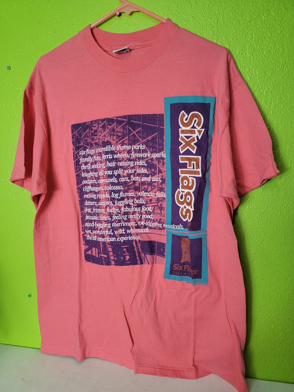 Vintage 1993 Six Flags Theme Park Single Stitch Shirt 90s Rare Pink Made In USA Vintage 1993 Six Flags Theme Park Single Stitch Shirt 90s Rare Pink Made In USA