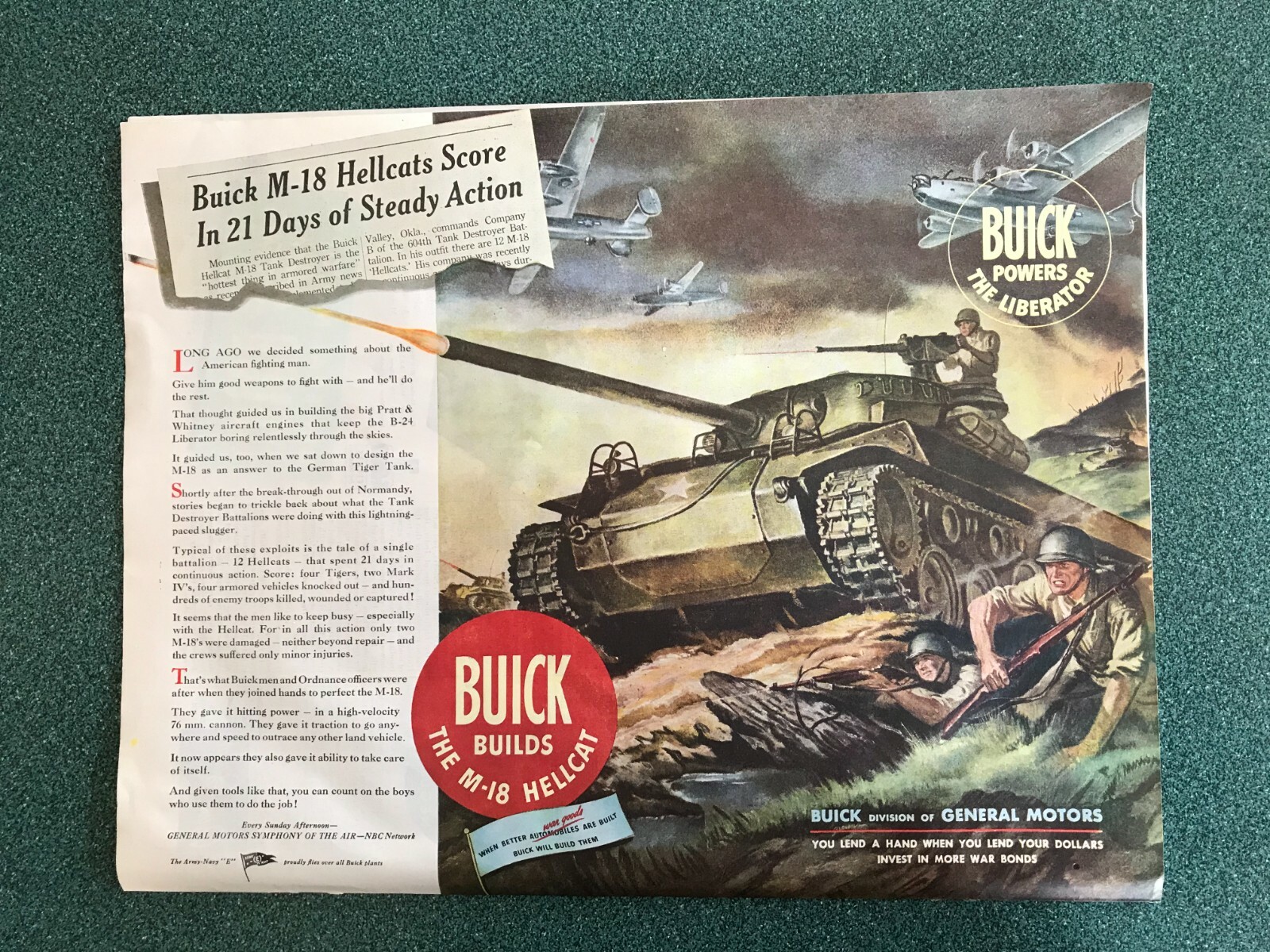 M-18 Hellcat 76mm Gun Carriages on the Prowl, full color ,  WWII Ad
