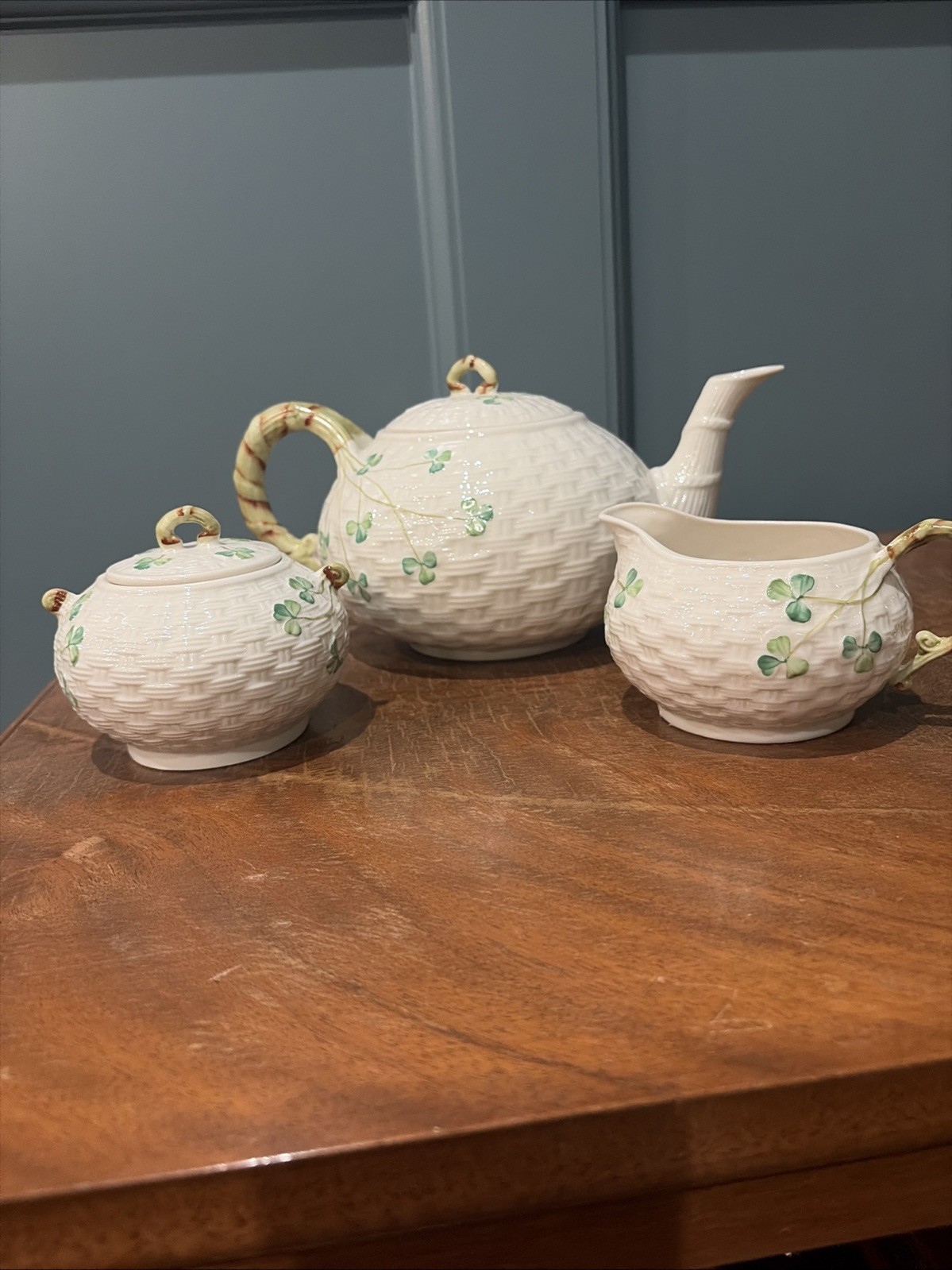 Belleek shamrock basketweave Three Piece Tea Set 14th Brown Stamp