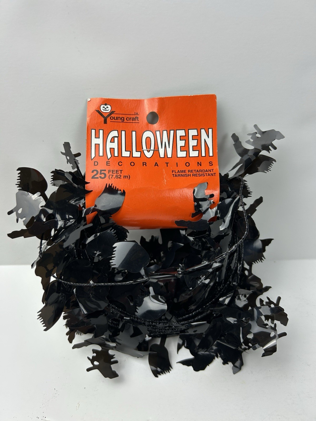 Vintage 1996 Halloween Witch Broom Garland 25 Ft Black Foil Party Decoration NOS