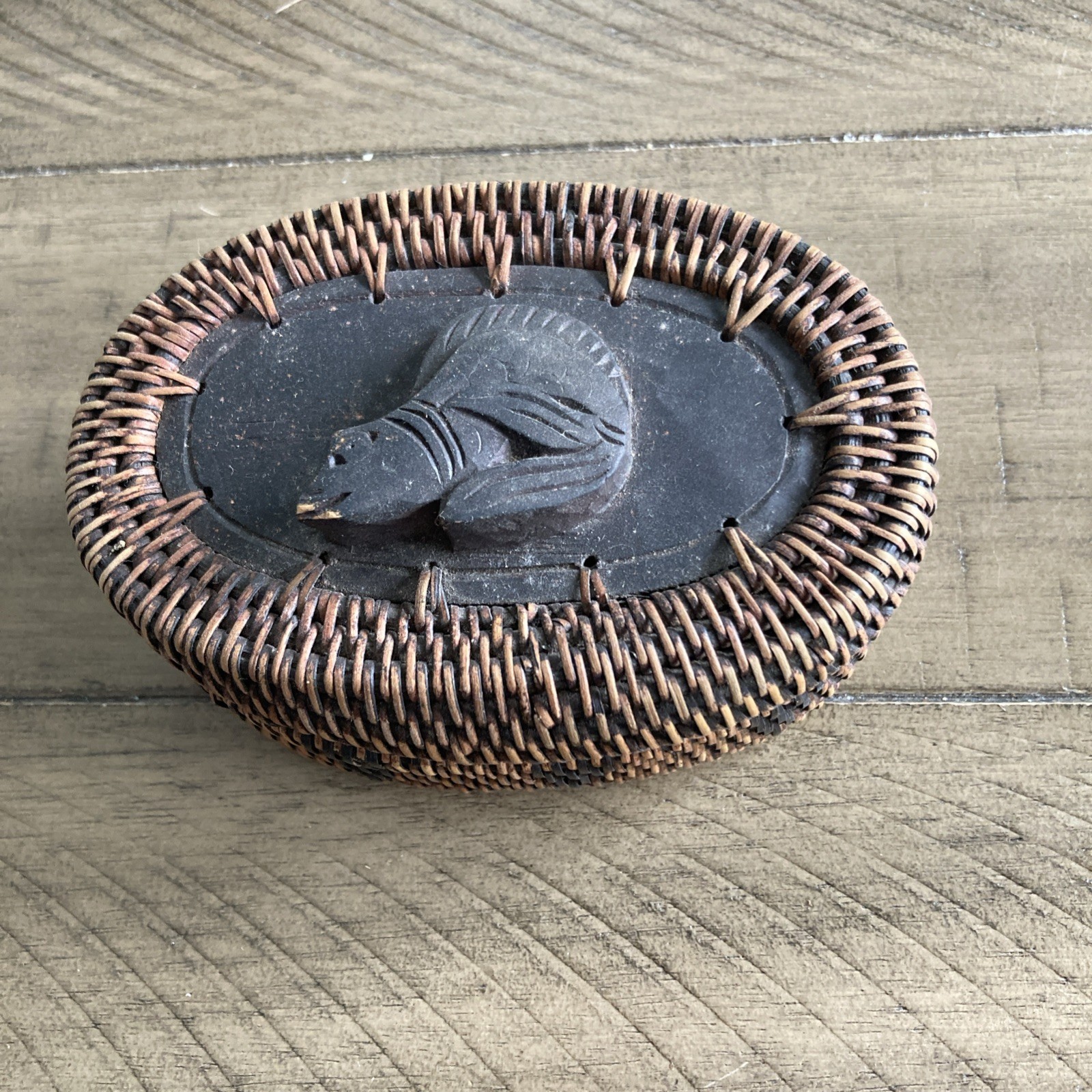 Vintage Indonesia Lombok Wood Rattan Lidded Basket With Animal