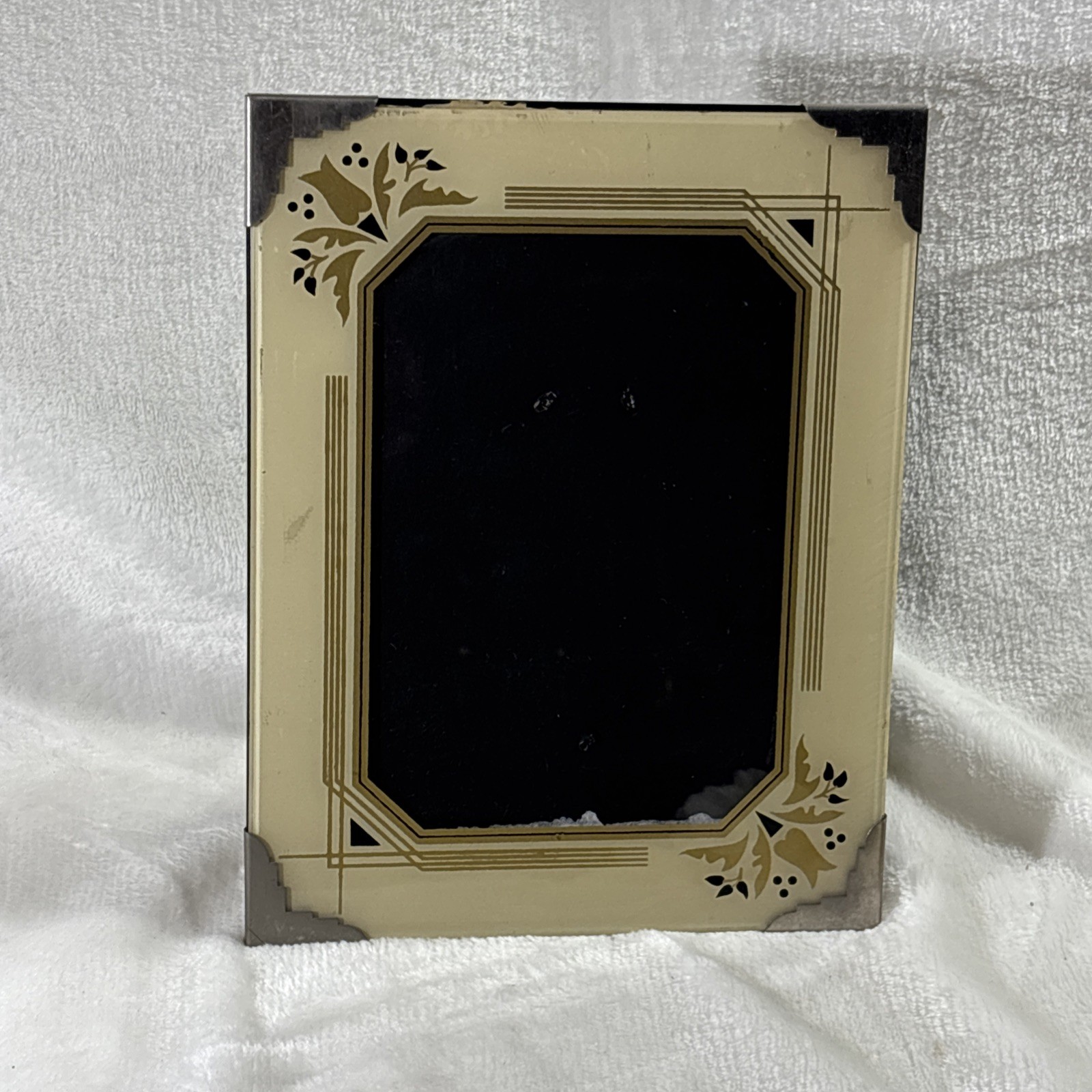 Antique 1930s Art Deco Reverse Painted Glass Picture Frame Geometric Cream Gold