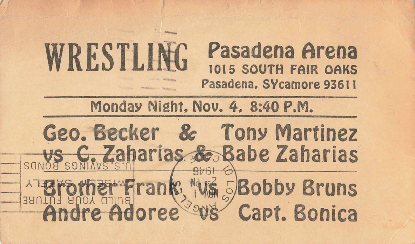 1946 Pasadena Arena Wrestling Postcard Babe Zaharias George Becker California