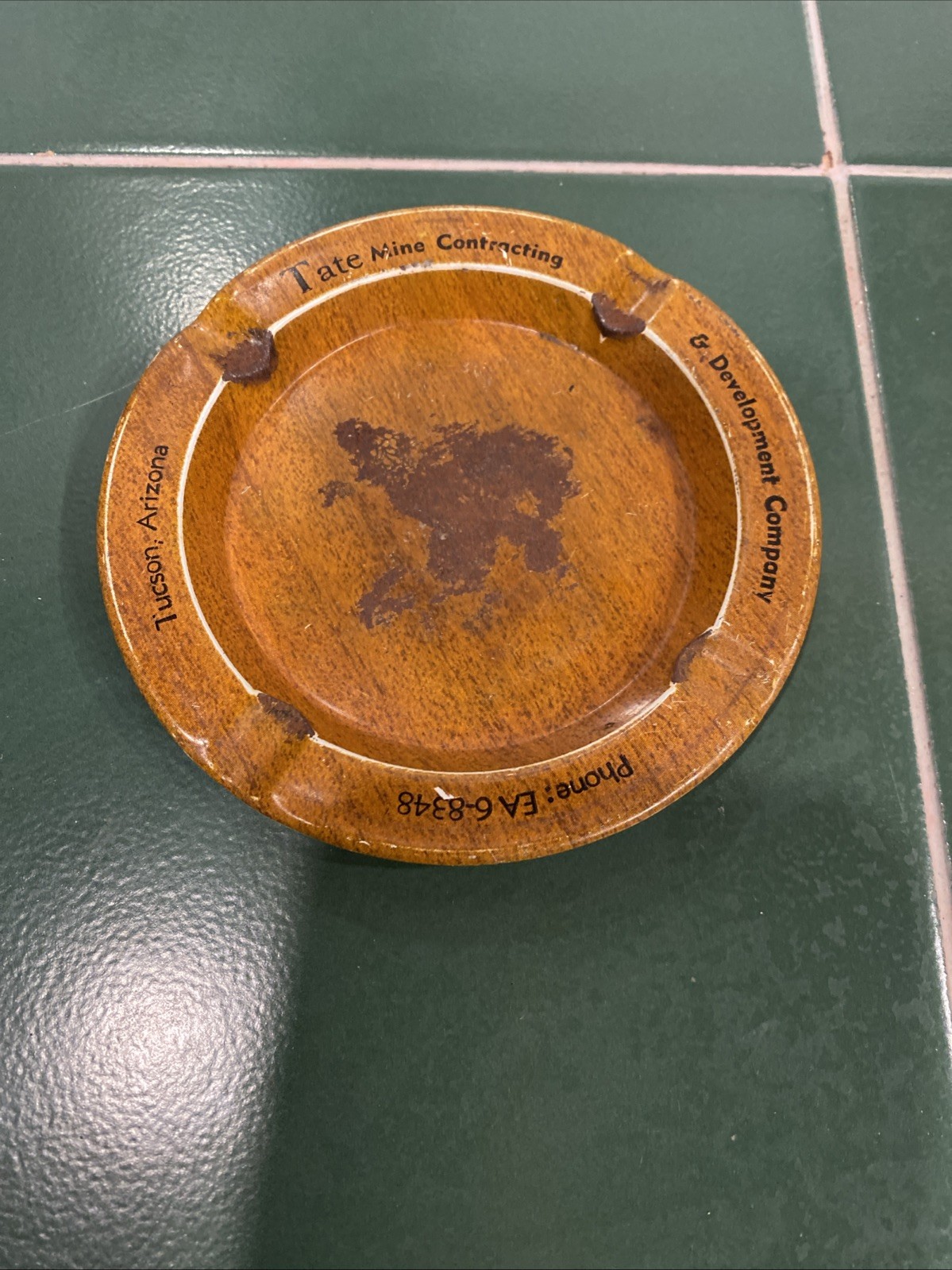 Vtg Advertising Brown Metal Ashtray Tate Mine Contracting Tucson ,Arizona