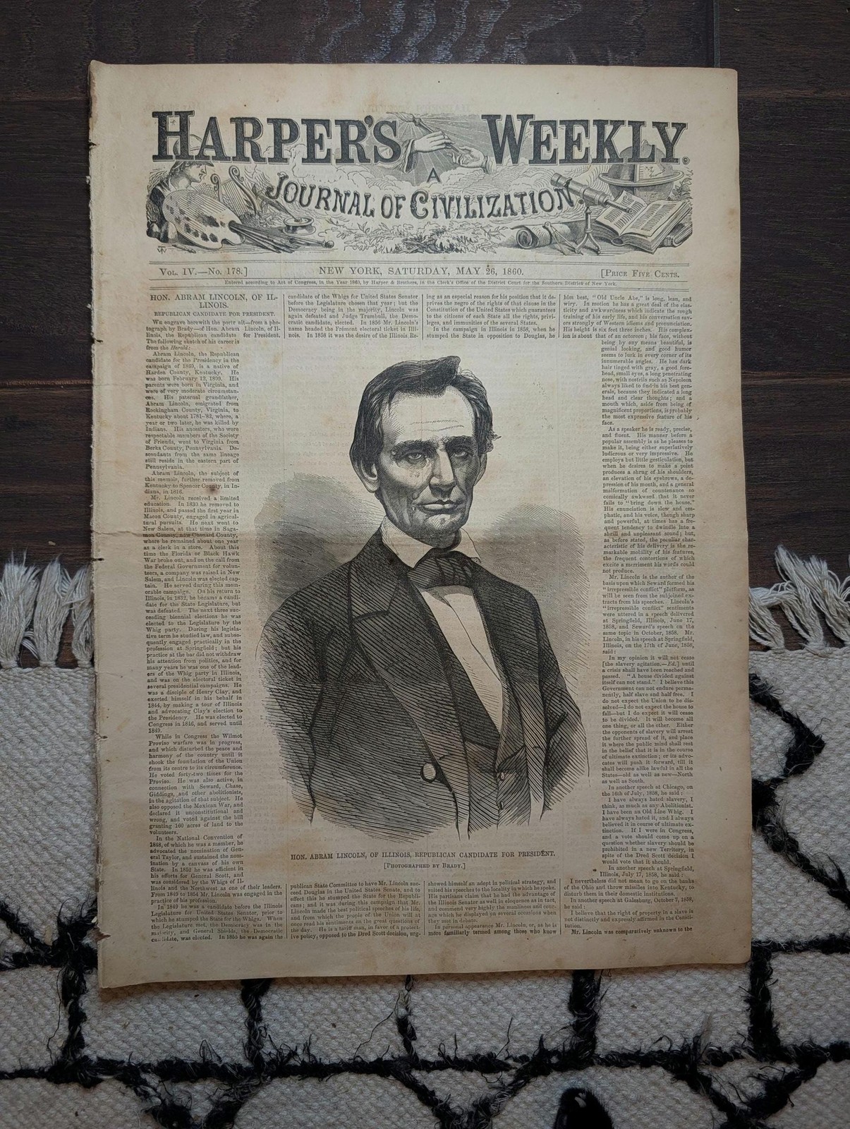 1860 Beardless Lincoln Front Page — \