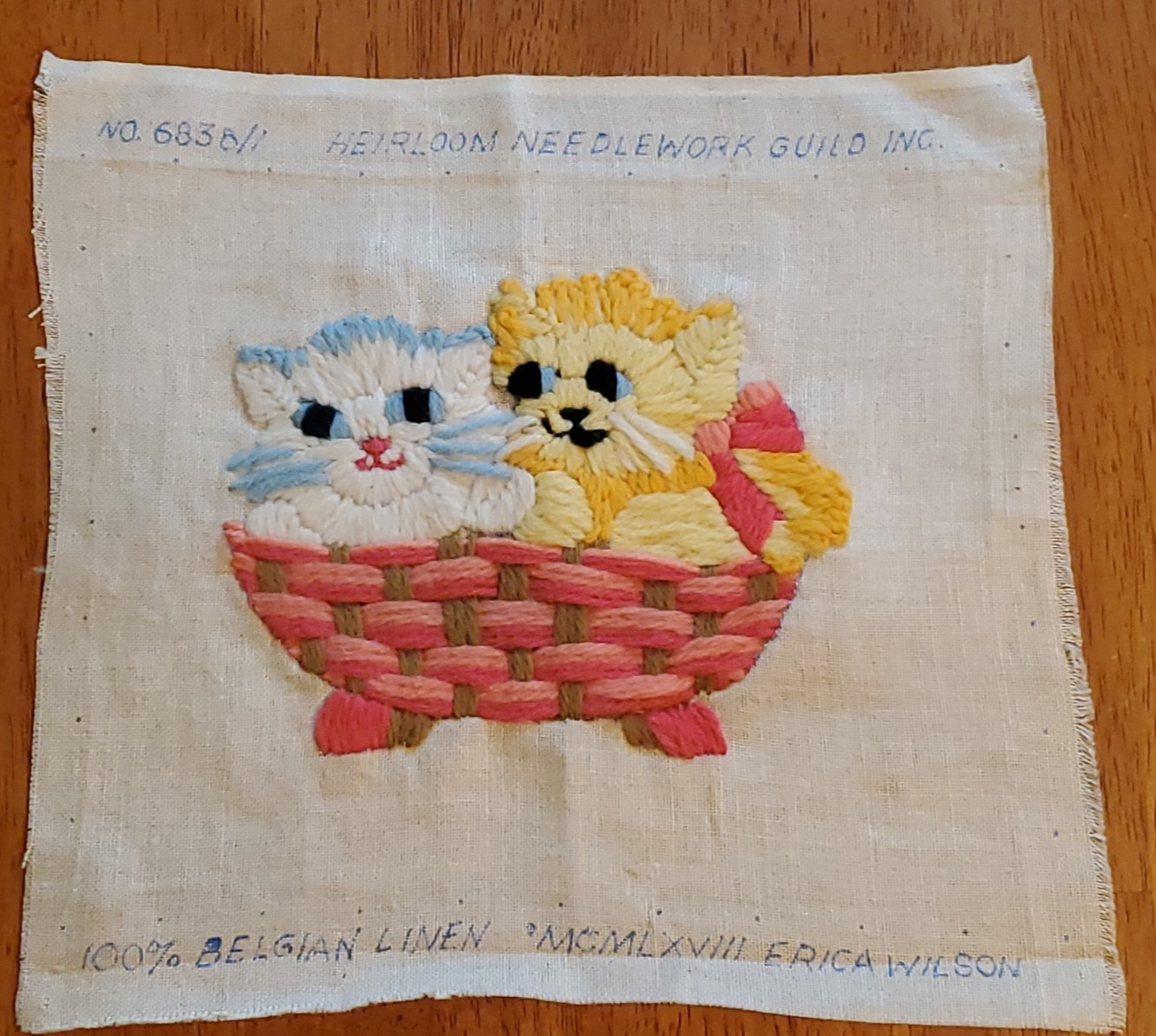 1967 Kittens in a Basket Crewel Embroidery 100% Belgian Linen Unframed 10x10