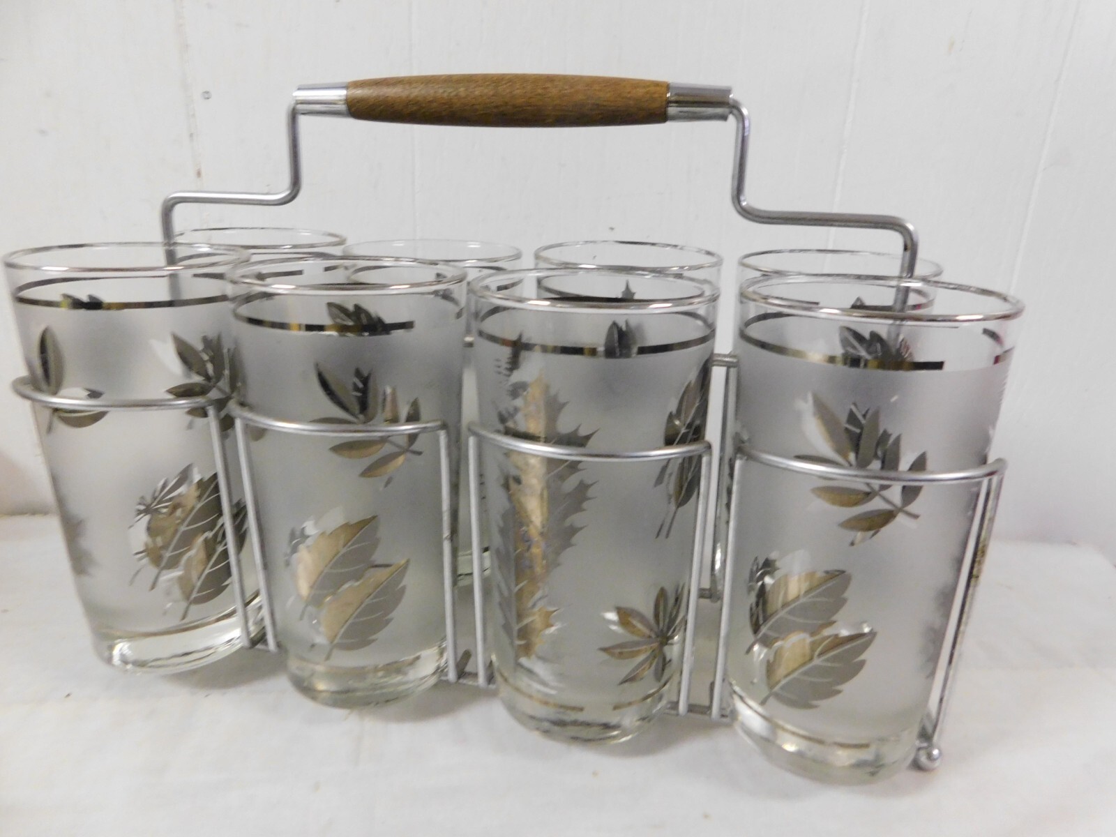 Vintage Libbey Silver Frosted Foliage Leaf Leaves Tumblers with Carry Rack s/8