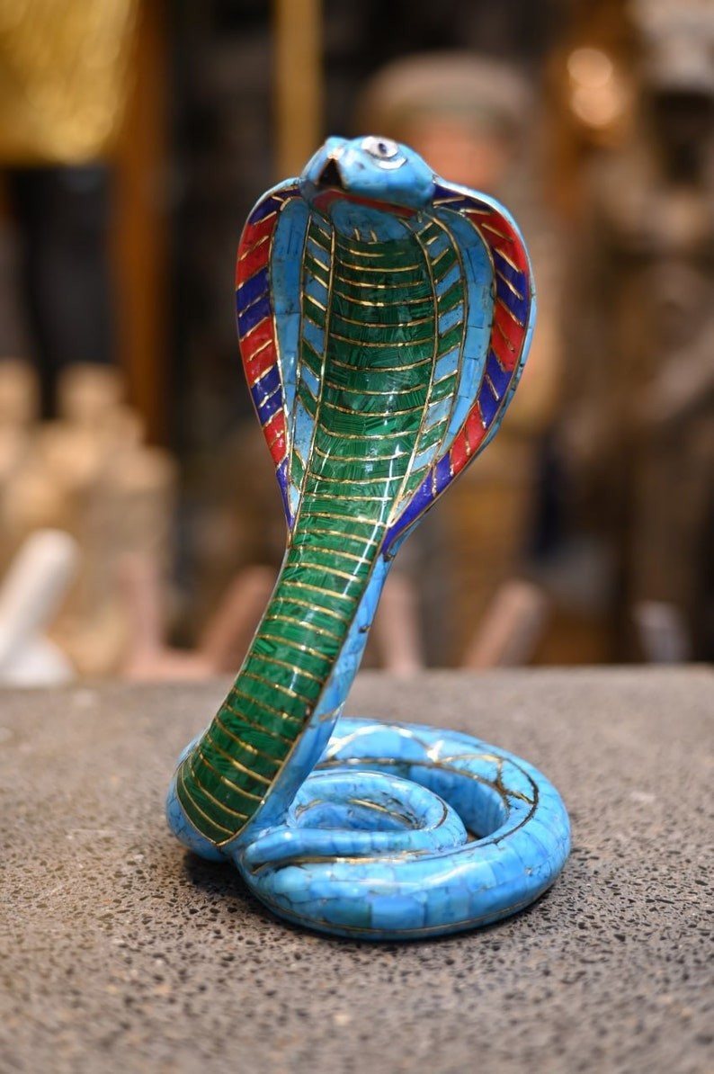 Egyptian Turquoise Uraeus Cobra Statue: Handmade Mythology Sculpture