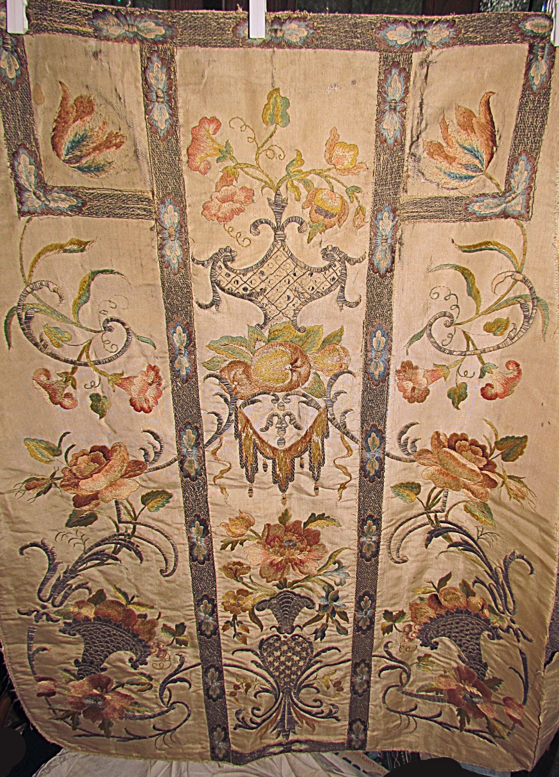 antique 19th French embroidery lg textile remnant roses peonies peaches urns &++