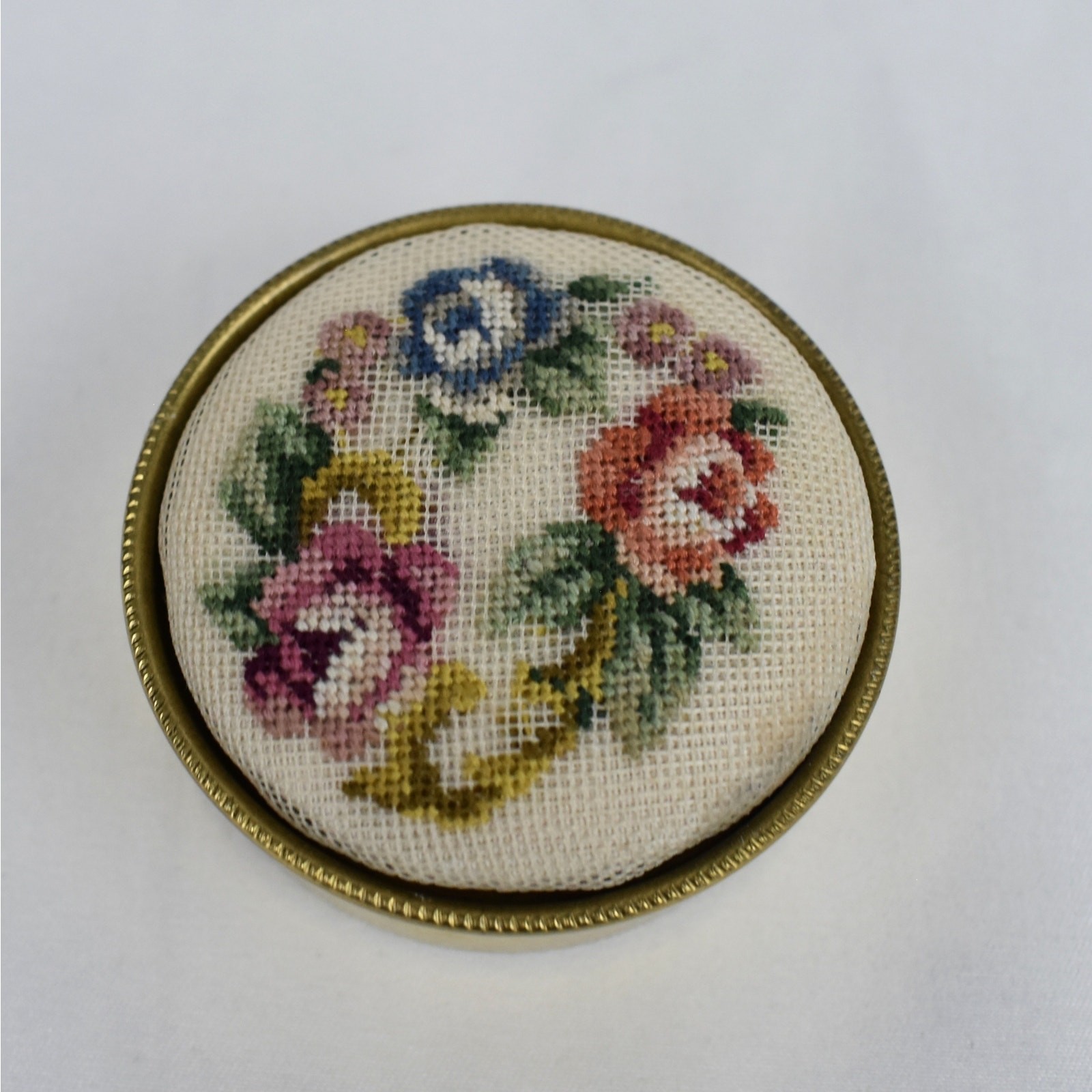 Vintage Petit Point Needlepoint Trinket Pill Box Mini Floral Gold Cream Cottage