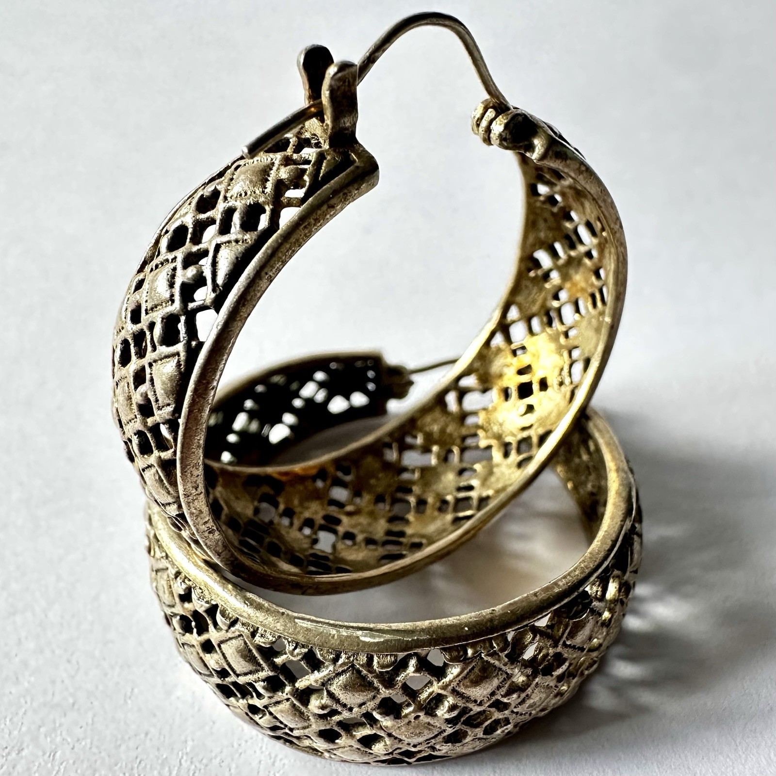 Vintage 925 Sterling Silver Lattice Hoop Earrings Woven Mesh 1.25\