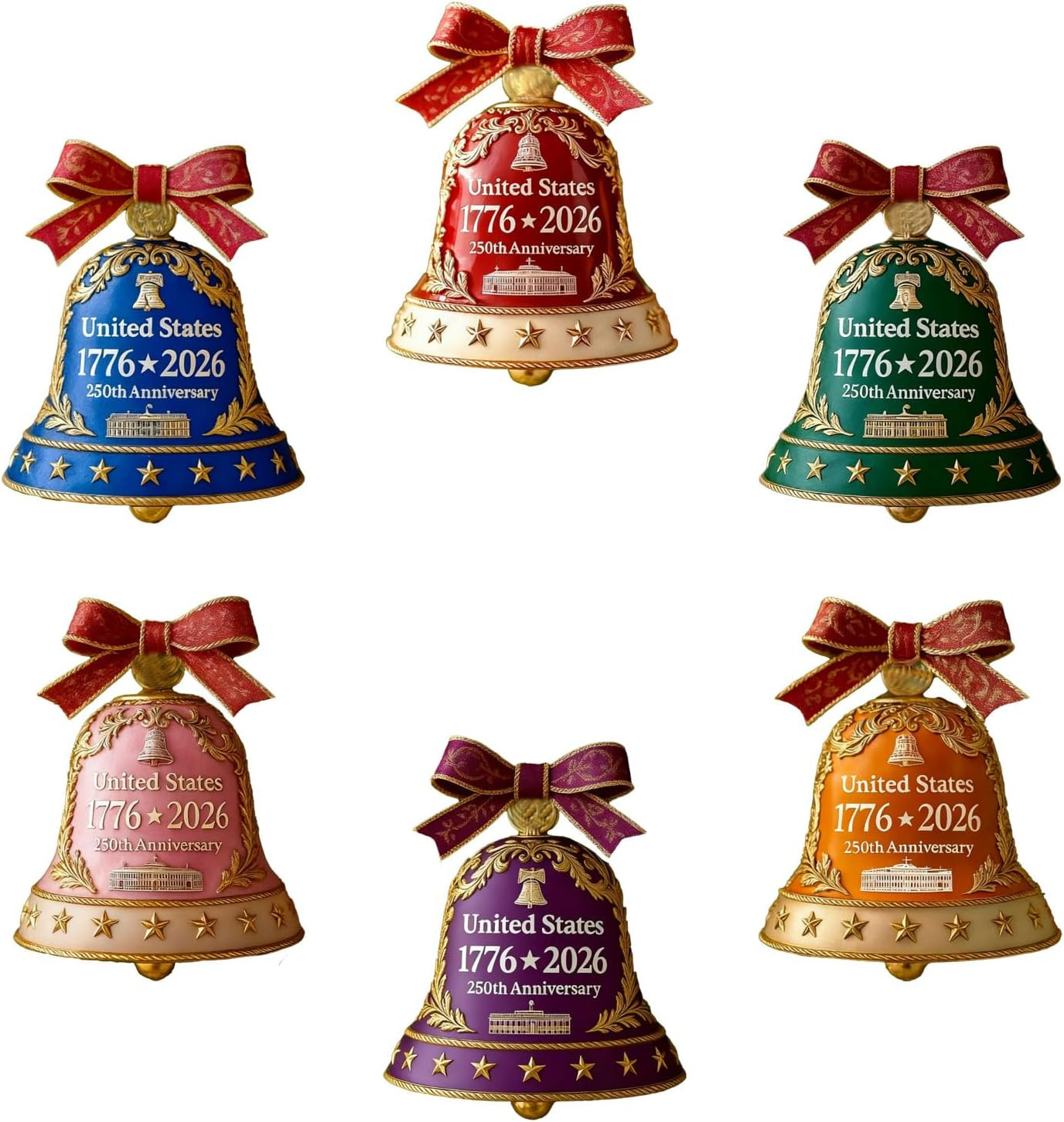 6 Pcs United States 250Th Anniversary Bell Ornament Vintage-Style Metal Commemor 6 Pcs United States 250Th Anniversary Bell Ornament Vintage-Style Metal Commemor