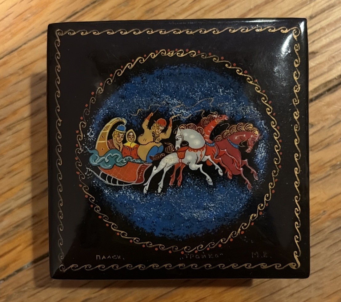Vintage Russian Palekh Lacquer Box Hand Painted Troika Signed Authentic 1970's