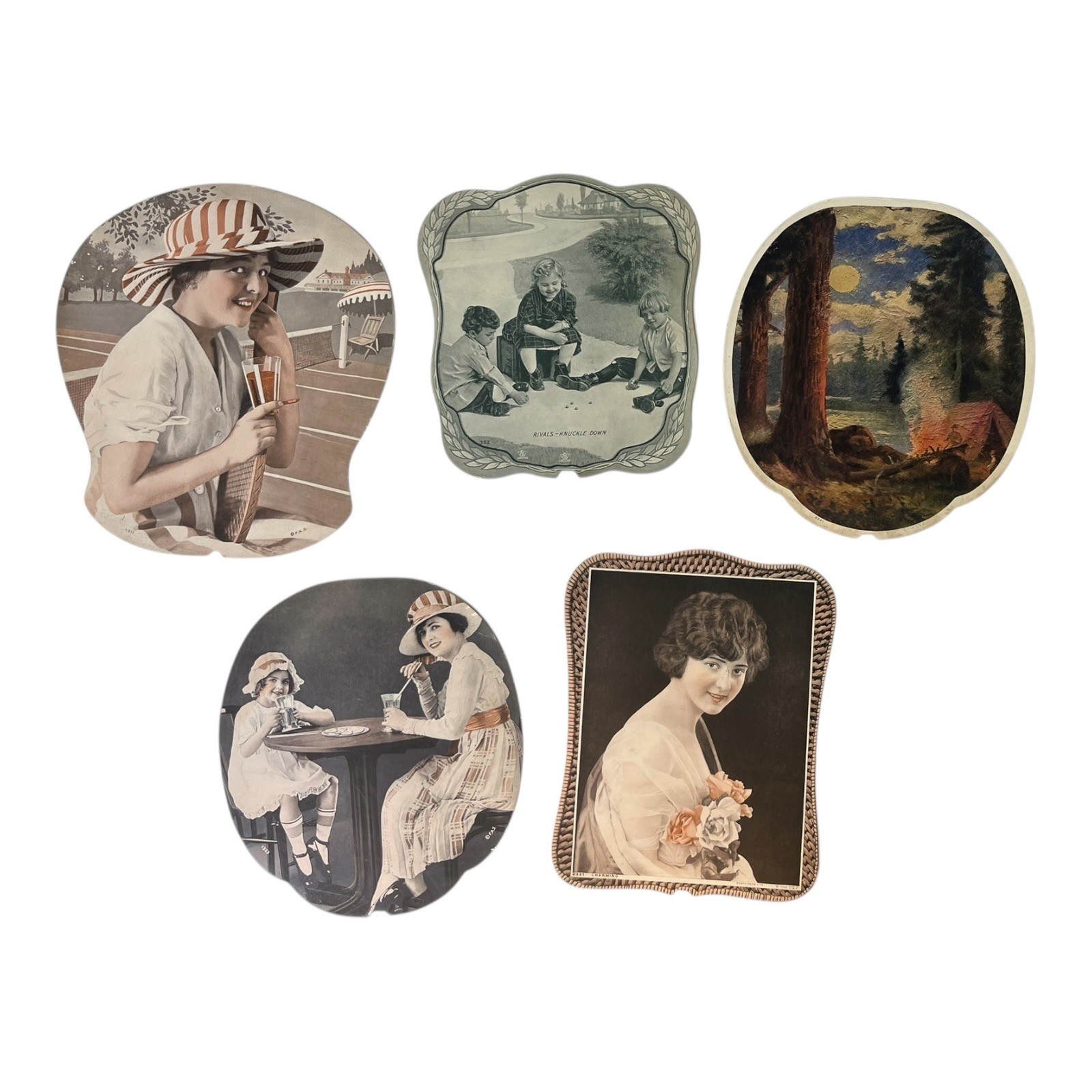 5 Antique Circa 1900 Paper Fans Woman Tennis Player Children Playing Marbles
