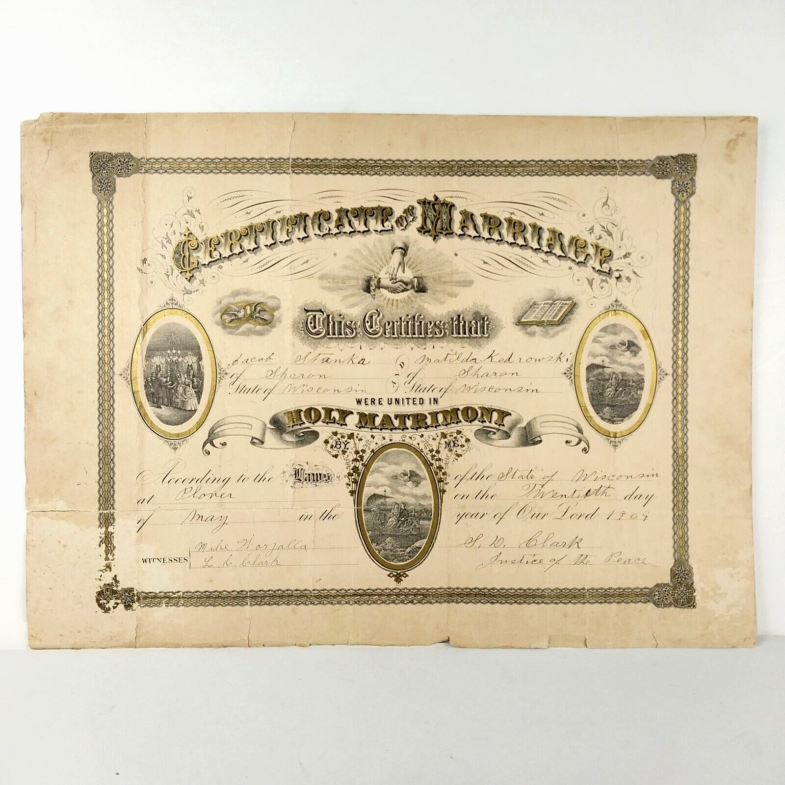 Antique 1909 Wisconsin Certificate of Marriage License 19-1/4