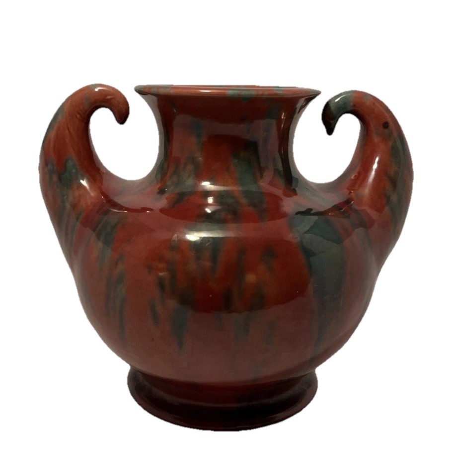 Vintage Awaji Pottery Art Deco Japanese Muscle Vase Red & Green Flambe Glaze Vintage Awaji Pottery Art Deco Japanese Muscle Vase Red & Green Flambe Glaze