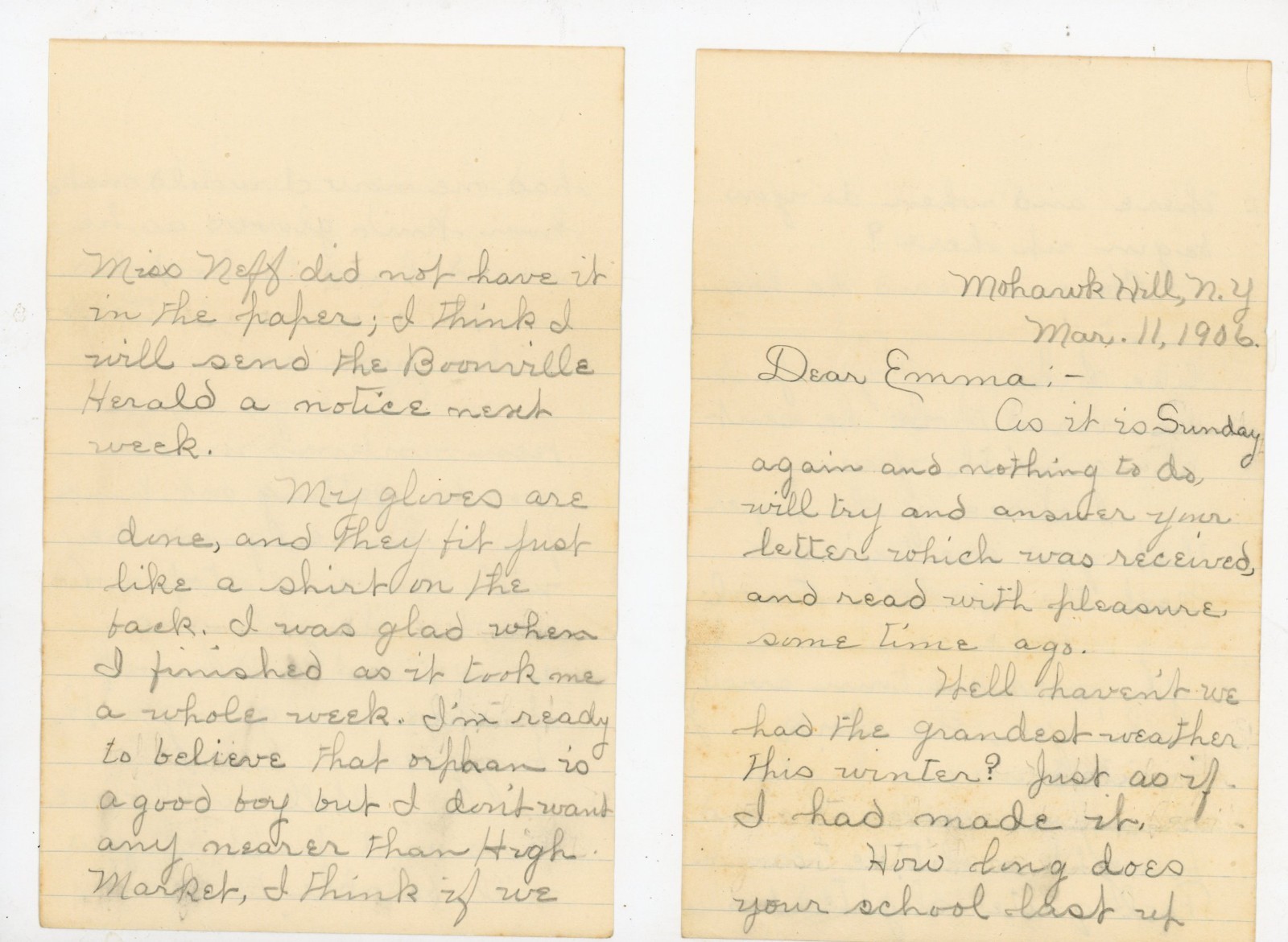 Vintage 1906 Handwritten Letter Mohawk Hill NY Boonville Herald Sleighing Baby Vintage 1906 Handwritten Letter Mohawk Hill NY Boonville Herald Sleighing Baby