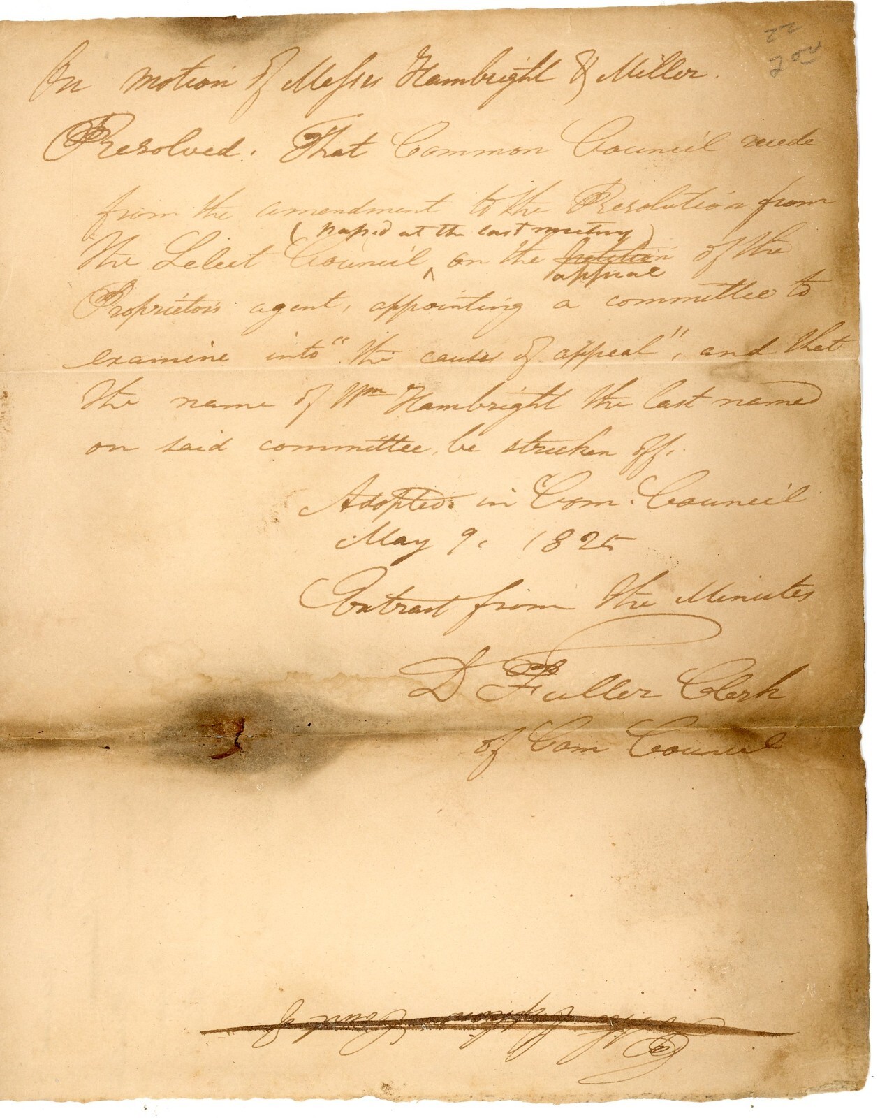 1825 Handwritten Council Document William Hambright 19th Century Signed Fuller