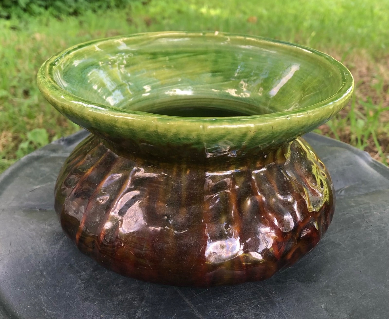 Vintage ART POTTERY SPITTOON Drip glazed majolica unmarked