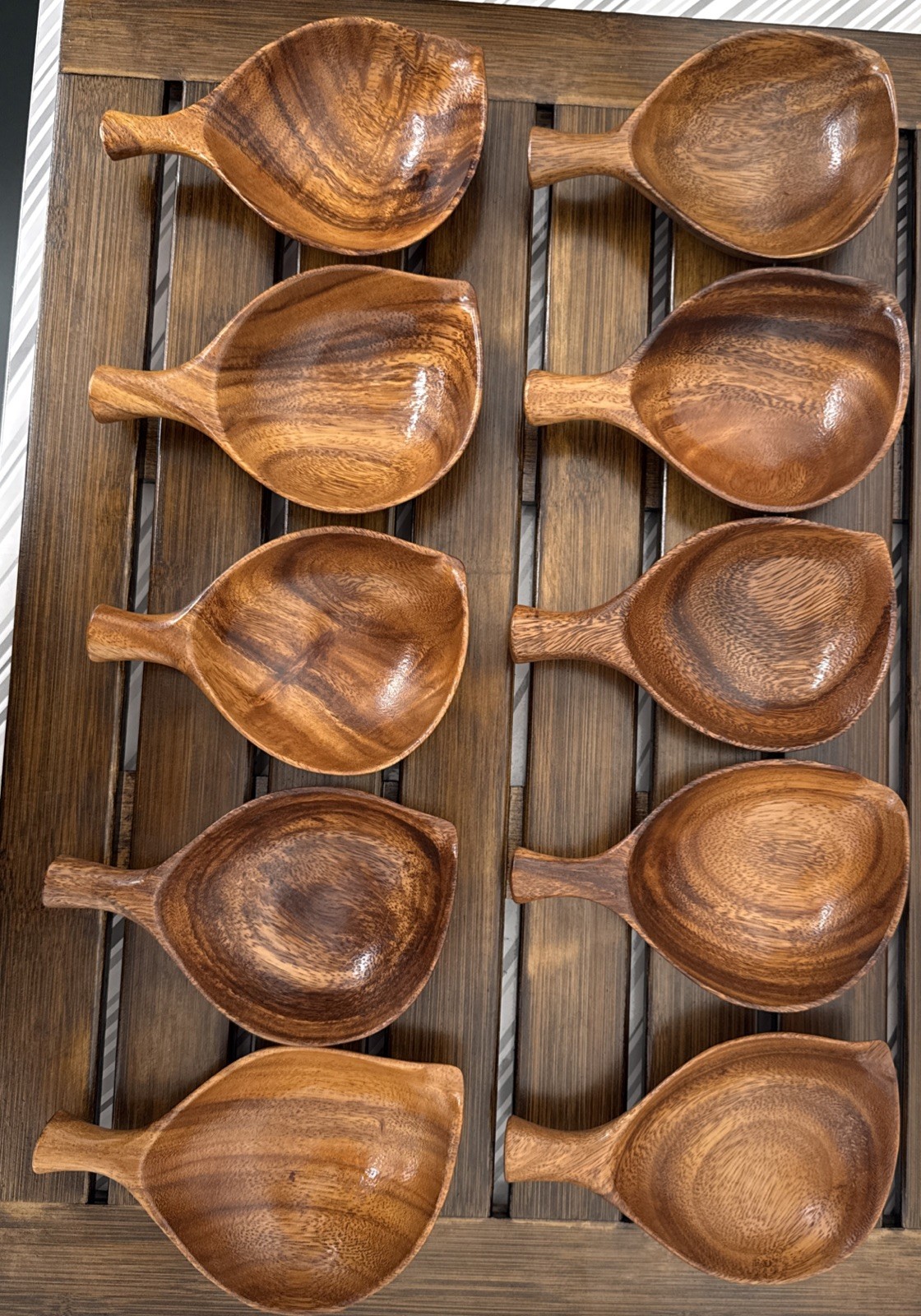 Monkey Pod  Wood Leaf Shaped Wood Bowl, Tiki, MidCentury Lot Of 10 Hibiscus