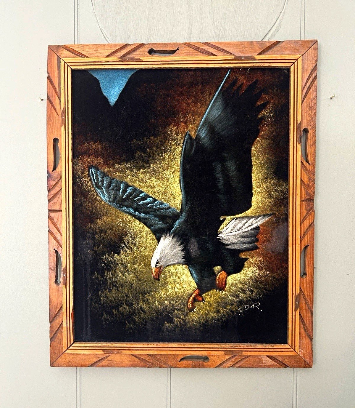 Vintage 70s mid century Velvet Eagle painting in wood frame