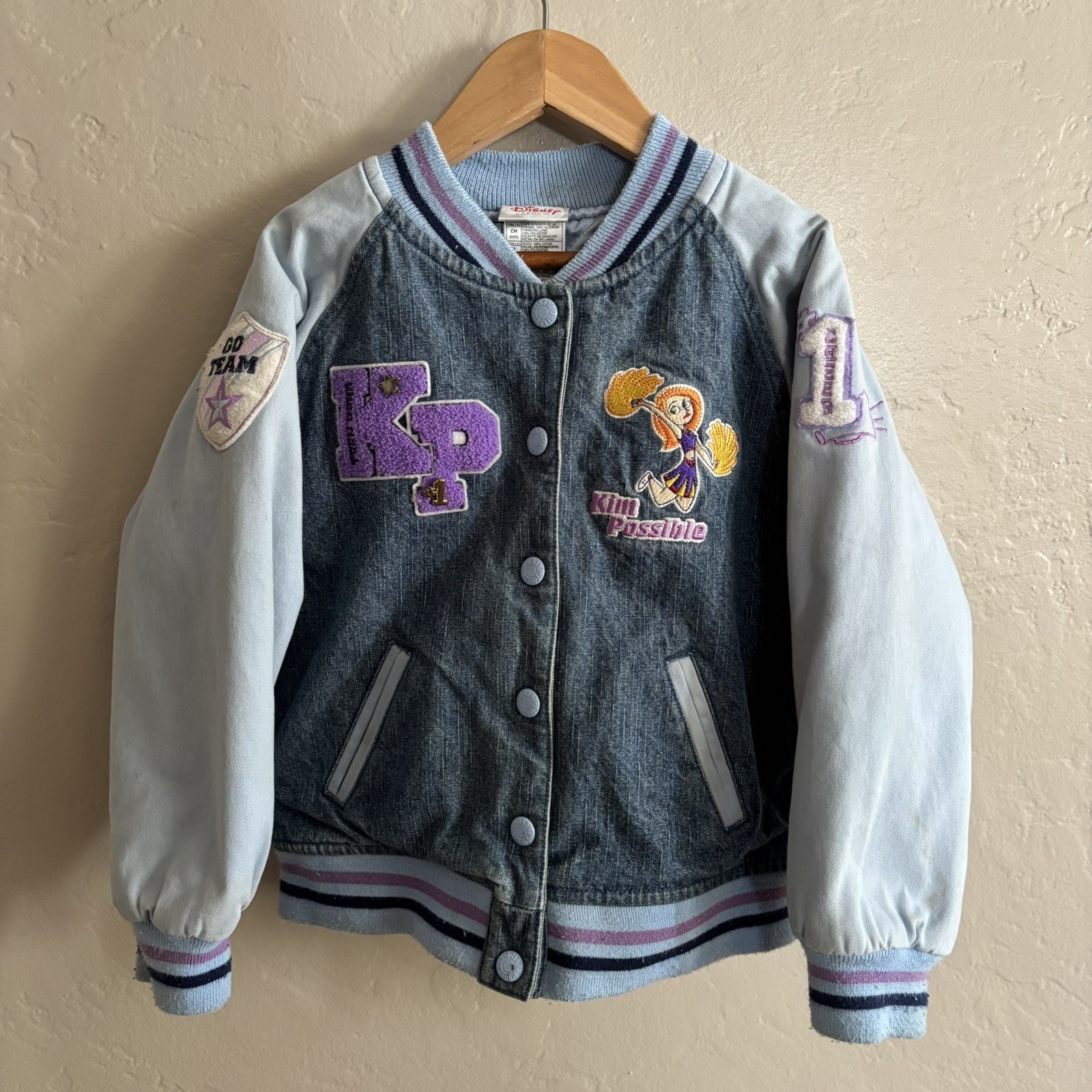 VINTAGE KIM POSSIBLE Girls Denim Varsity Bomber Jacket Kid Small 6/6x Disney Y2K