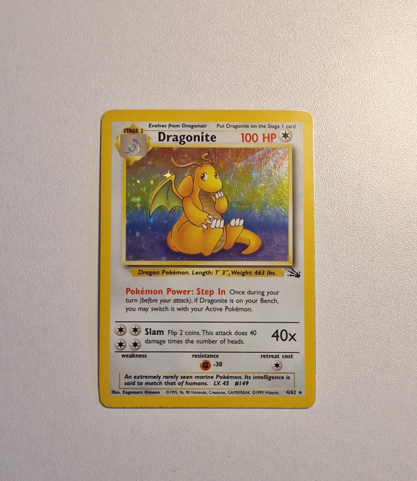 Pokemon TCG Dragonite Holo Card 4/62 Fossil Unlimited Rare Vintage