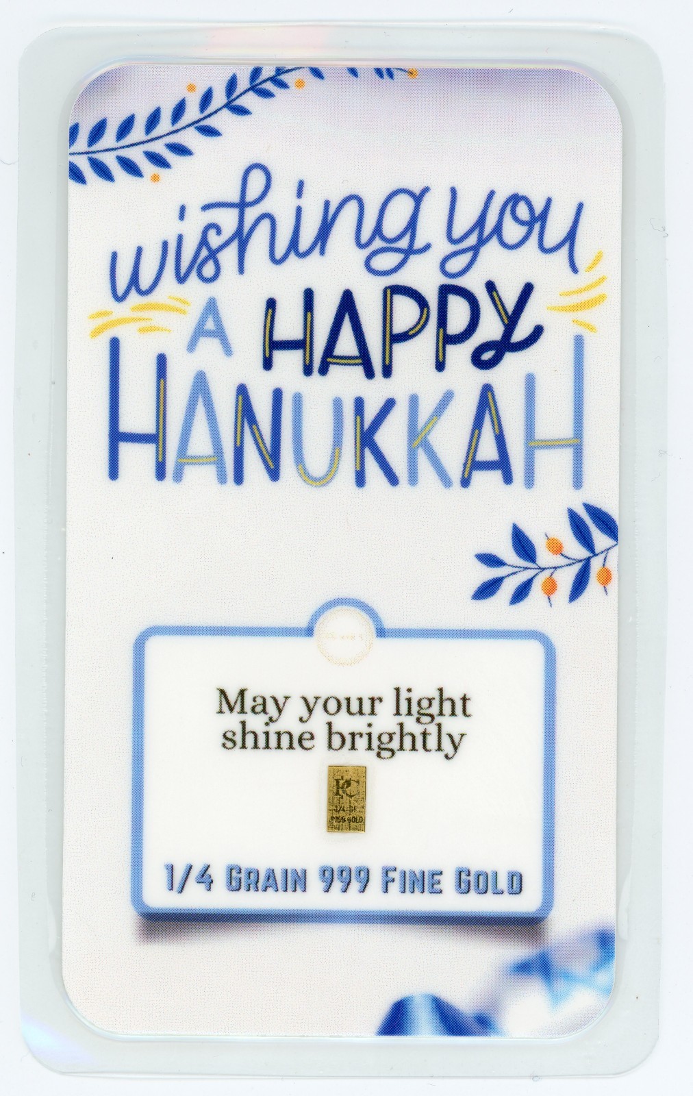Happy Hanukkah 1/4 Grain 999 Fine Gold Bar in Assay