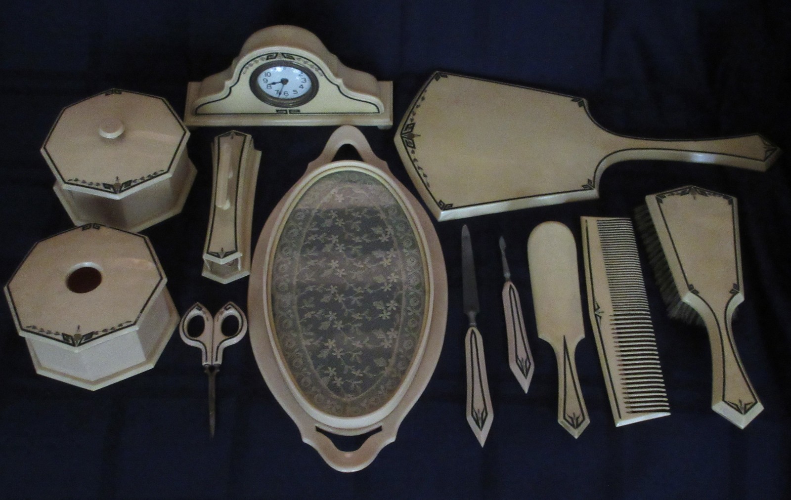 VTG Tuskeloid Celluloid Vanity Dresser Set 11 Items Art Deco Clock Lace Tray